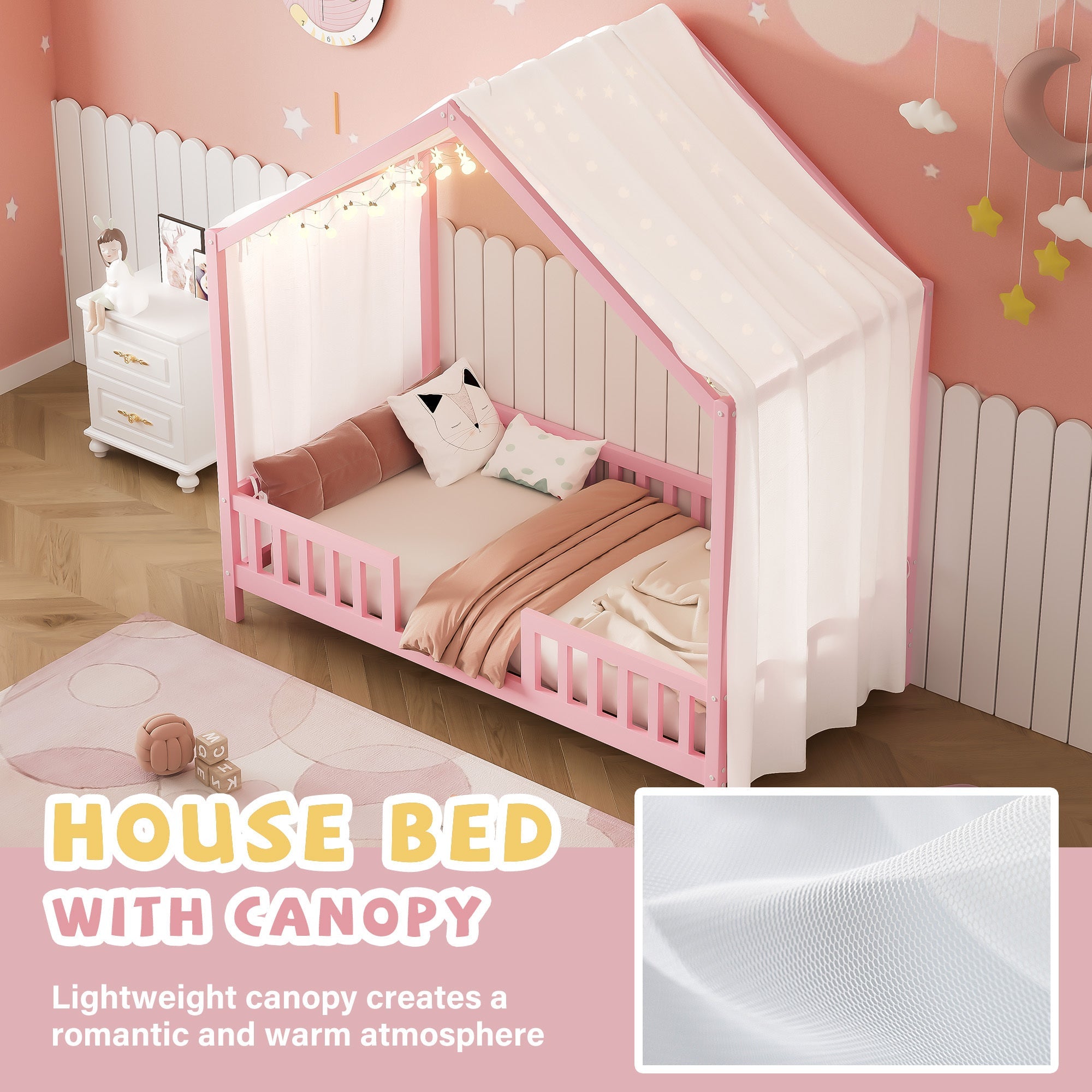 Montessori Floor Bed with Canopy, Twin Bed Frame for Kids, House Shape Kids Bed Frame with High Railings, Wood Kids Bed with Roof, Kid Twin Bed, Pink