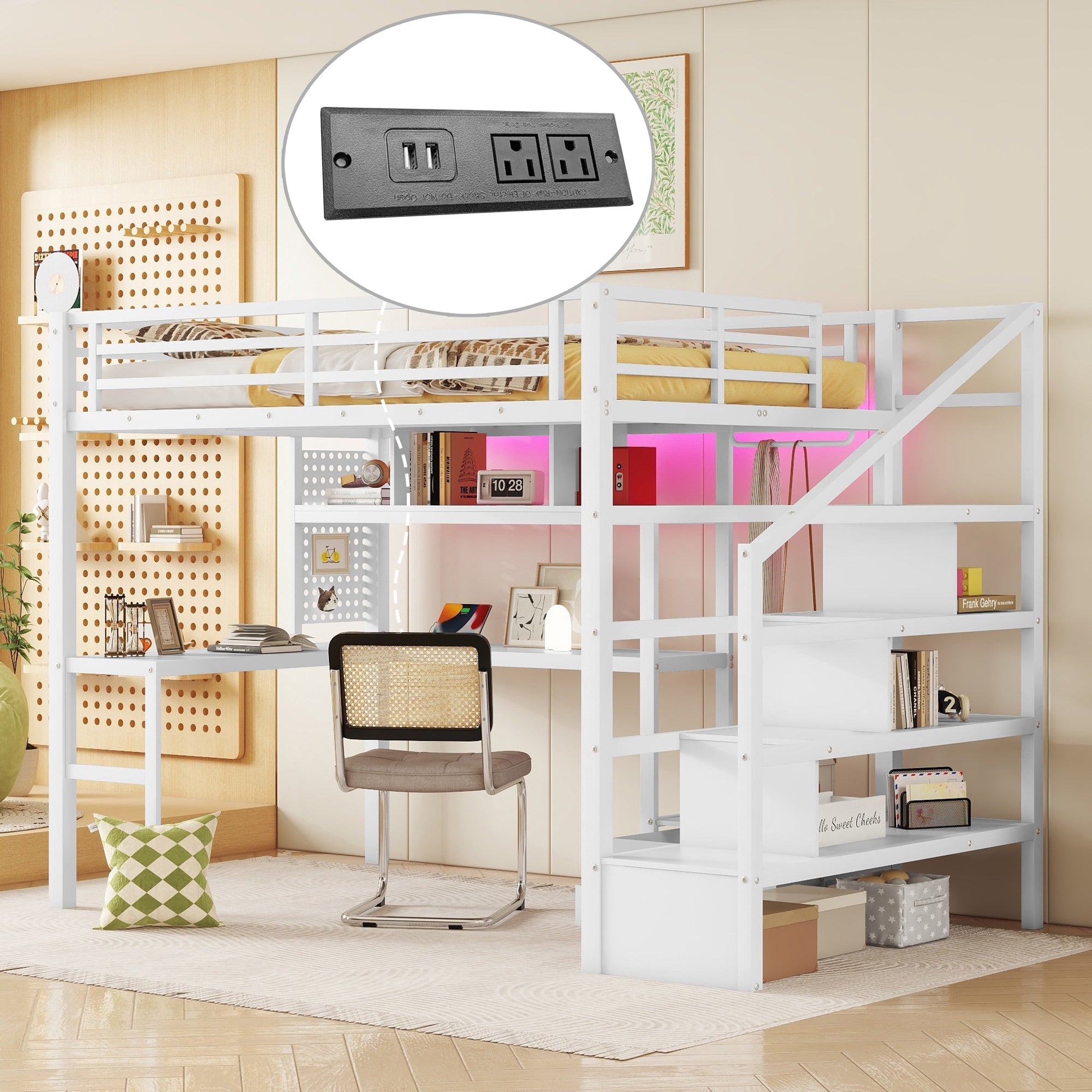 Full Size Loft Bed with LED Light & Charge Station, Metal Loft Bed with Desk and Staircase, Loft bed with Wardrobe for Kids, White (Expect Arrival Date 2025/4/30)