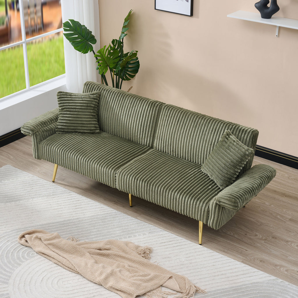 Modern Corduroy Sofa Bed, Foldable Double Sofa with Armrests, Green Velvet, 79 Inch