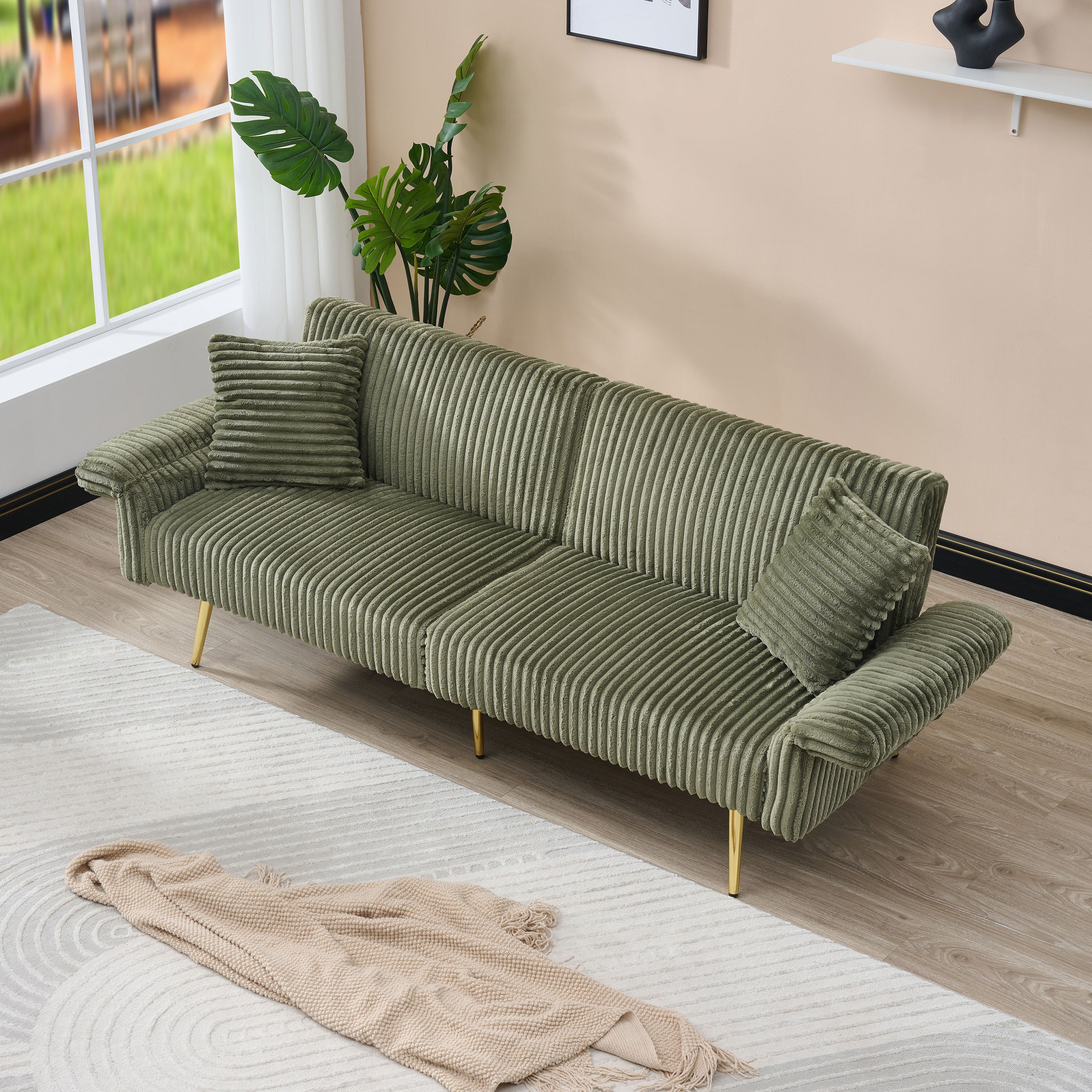 Modern Corduroy Sofa Bed, Foldable Double Sofa with Armrests, Green Velvet, 79 Inch