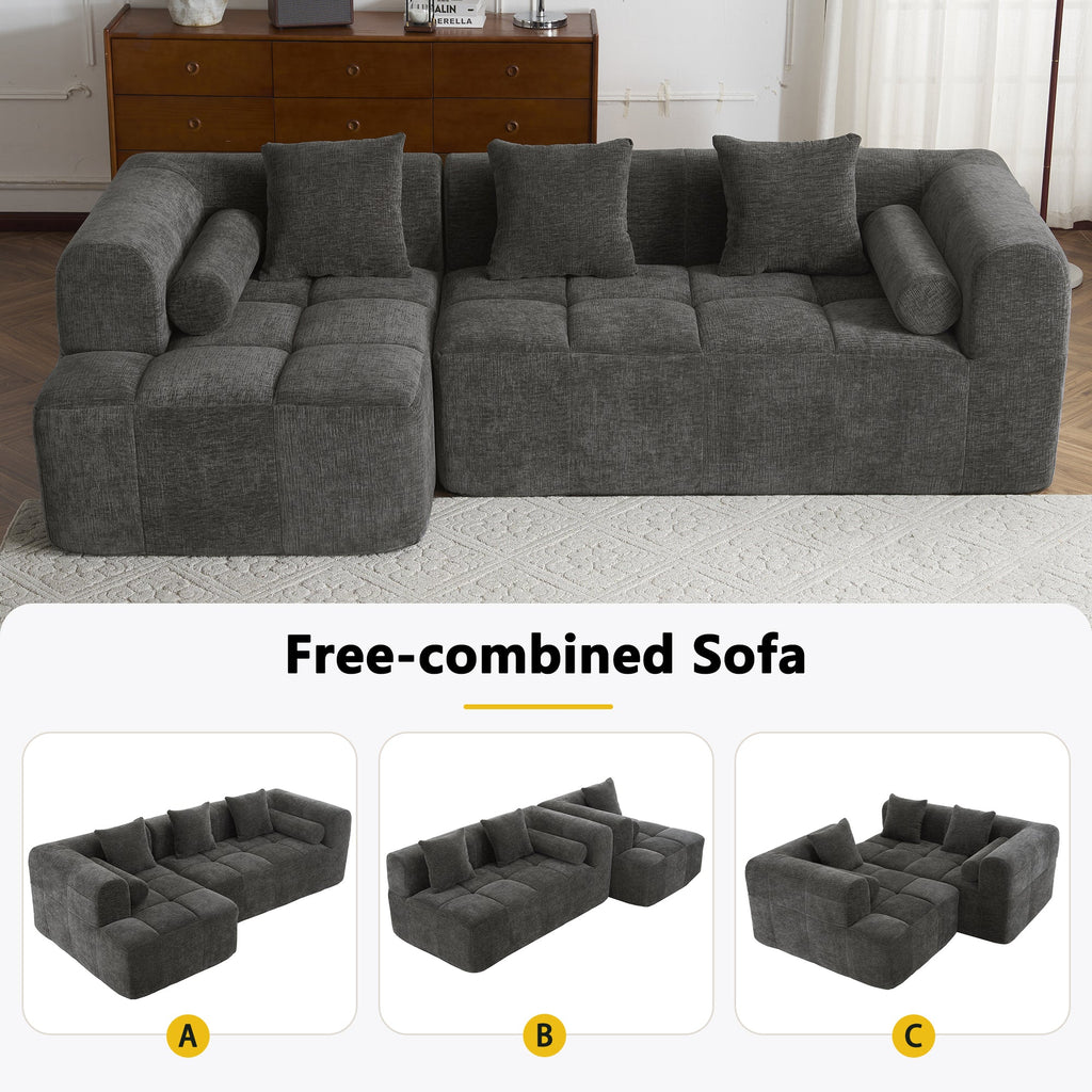 Modern Grey Modular Sectional Sofa with Deep Seating and Side Pockets in Chenille Fabric