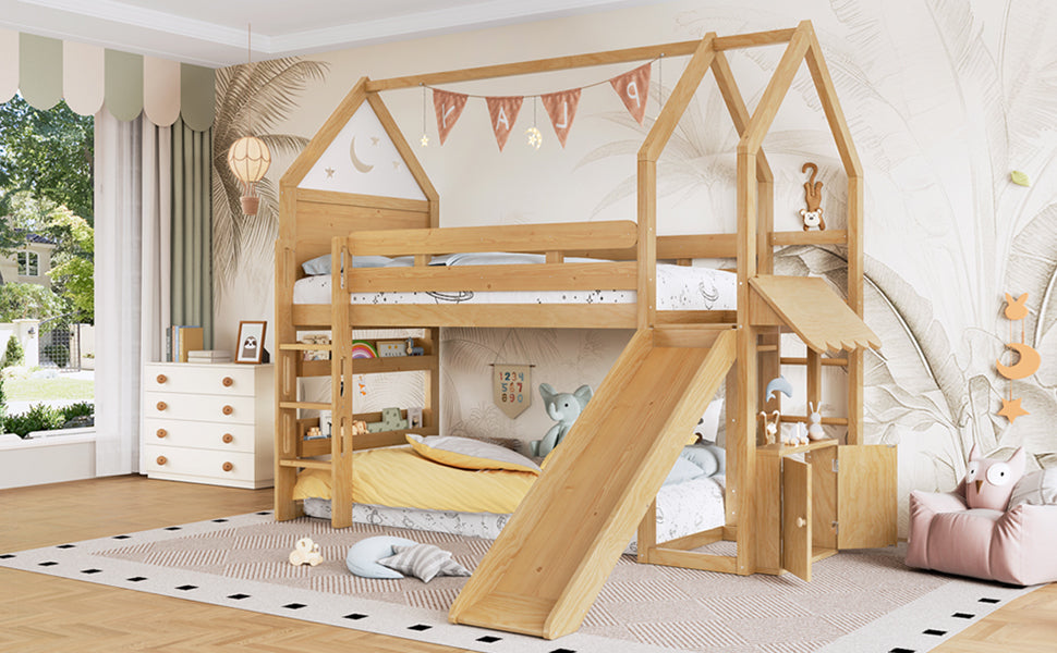 Twin Size Loft Bed with Bookshelf Playful Design for Kids House-Shaped Structure with Slide High-Quality Safety Rails,Natural