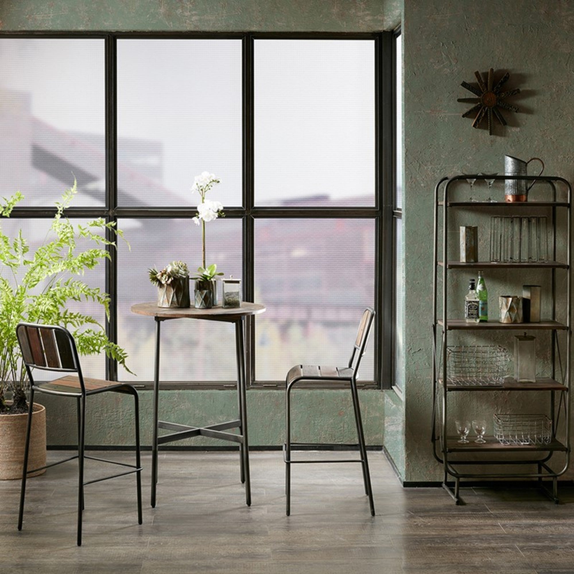Renu Round Bar Table with Industrial Charm in Light Brown Pine Wood and Gun Metal Finish