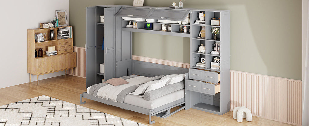 Queen Size Murphy Bed Wall Bed with Closet , Drawers and Shelves,Gray