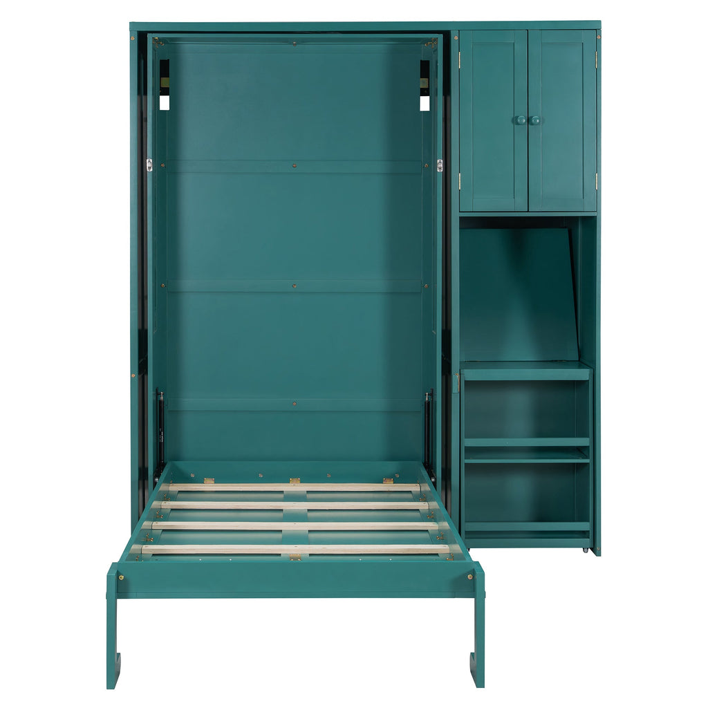 Twin Size Rotating Wall Murphy Beds with Bookshelf, Top Cabinet, Extendable Desk & Side Storage, Teal