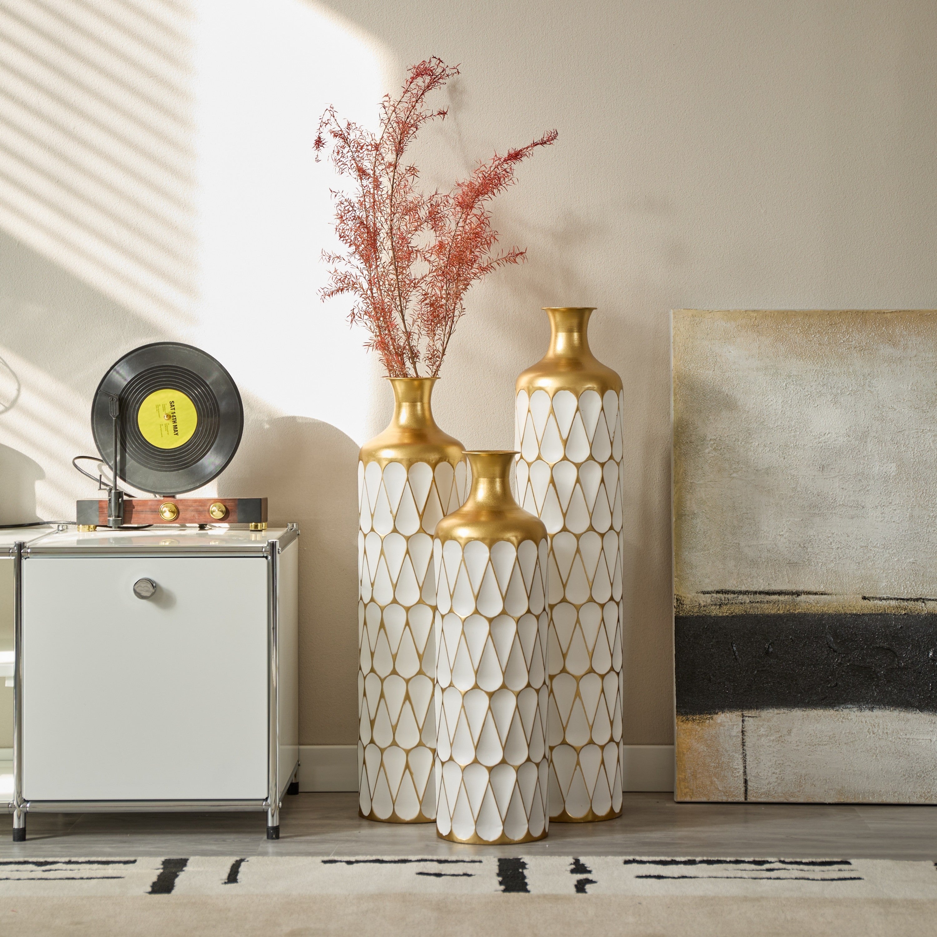Floor Metal Vase Modern Style Decoration Home Droplet Shaped White Metal Vase 3-piece Set Gorgeous Home Decoration Large Glazed Metal Vase