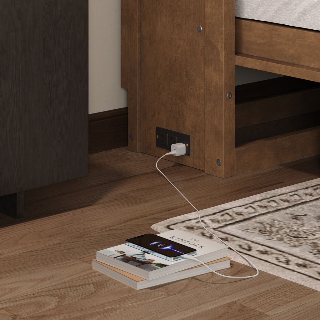 Twin Size Murphy Bed with Charging Station and Drawer in Wood Color, Solid Pine Wood + MDF