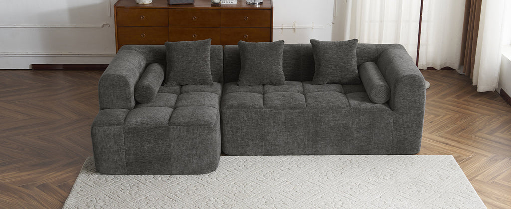 Modern Grey Modular Sectional Sofa with Deep Seating and Side Pockets in Chenille Fabric