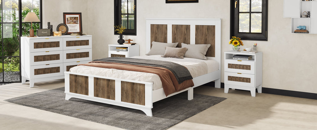 4-Pieces Bedroom Sets, Queen Size Farmhouse Platform Bed with Wooden Strip Stickers Decoration, Storage Nightstand and Dresser with Metal Handle, White(Old SKU: HL000191AAK)