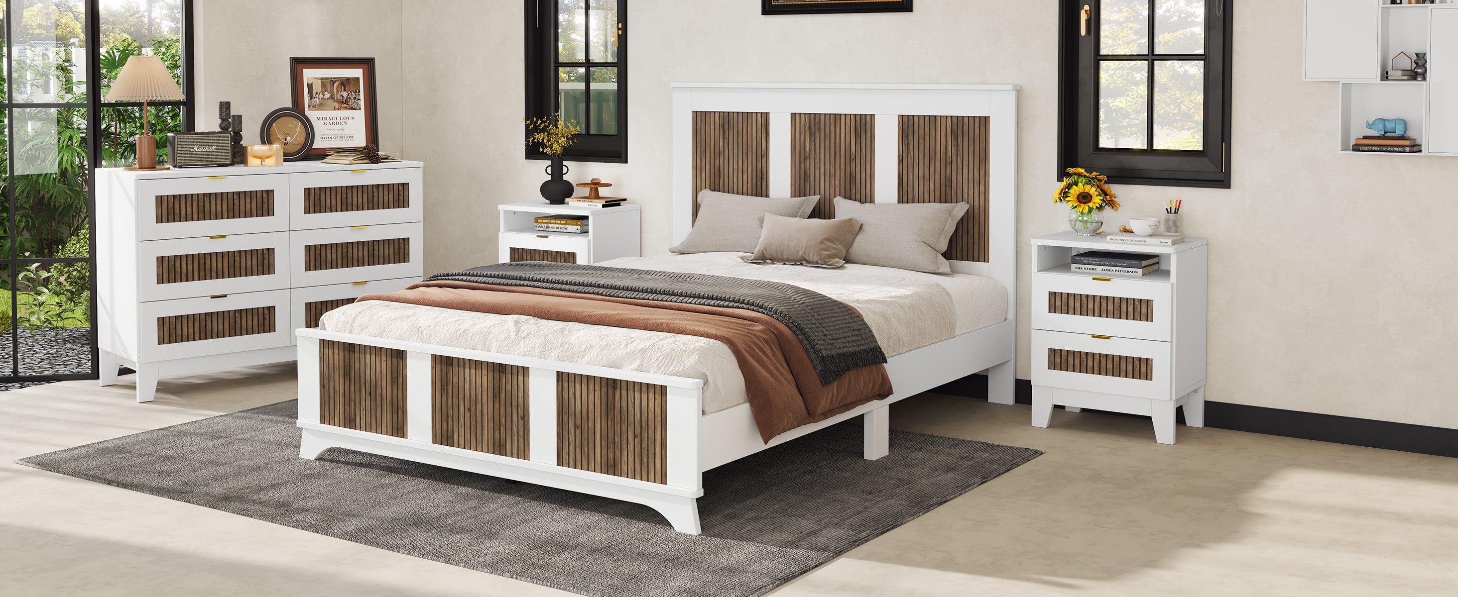 4-Pieces Bedroom Sets, Queen Size Farmhouse Platform Bed with Wooden Strip Stickers Decoration, Storage Nightstand and Dresser with Metal Handle, White(Old SKU: HL000191AAK)