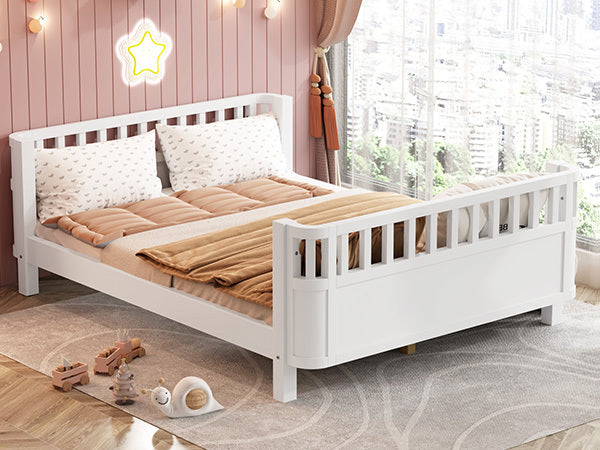 Full Size Wood Platform Bed for Kids, Wood Low Profile Full Bed with Rails for Girls and Boys, White (Patented Design, Old SKU W2593P233767)