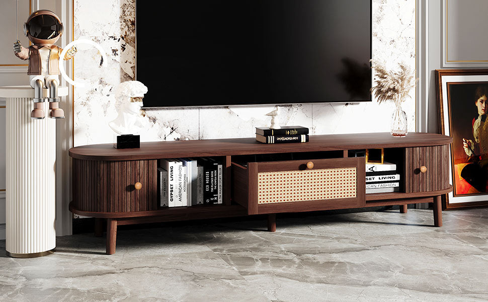 Modern Design TV Stand for 75' TVs, Media Console TV Cabinet with Rattan-Front Drawer for Living Room, 1 Drawer and 2 Sliding-Door Cabinets