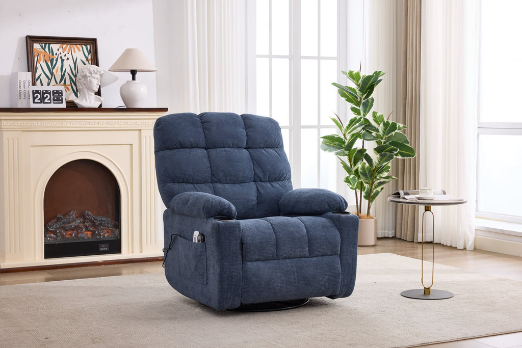 Heat Massage Manual Recliner Chair with Rocker and Swivel in Fabric for Living Room, Blue