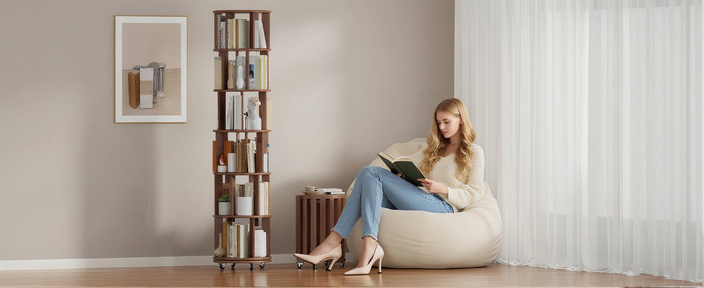 100%Solid Wood Rotating Bookshelf on Wheels, 6 Tier, Round Revolving Bookcase, 360° Spinning Book Shelf Tower for Kids, Narrow Rolling Bookshelves for Small Space, Corner, Bedroom, Office, Walnut