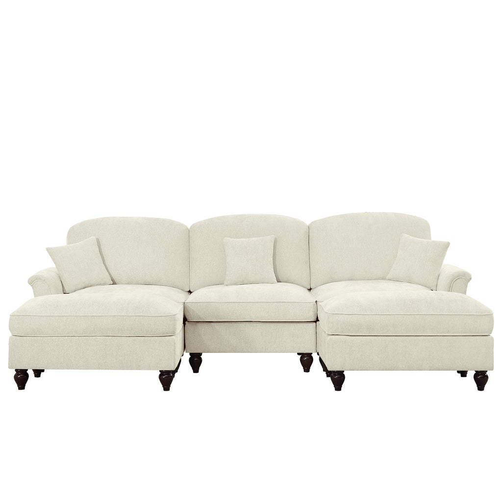 Classic Comfy Modular U Shape Sectional Sofa Couch with Flared Arms and Removable Ruffles Pleats Skirts and Spindle Legs, Upholstered Chenille Deep Seat Cloud Sofa with Movable Ottomans, Beige White