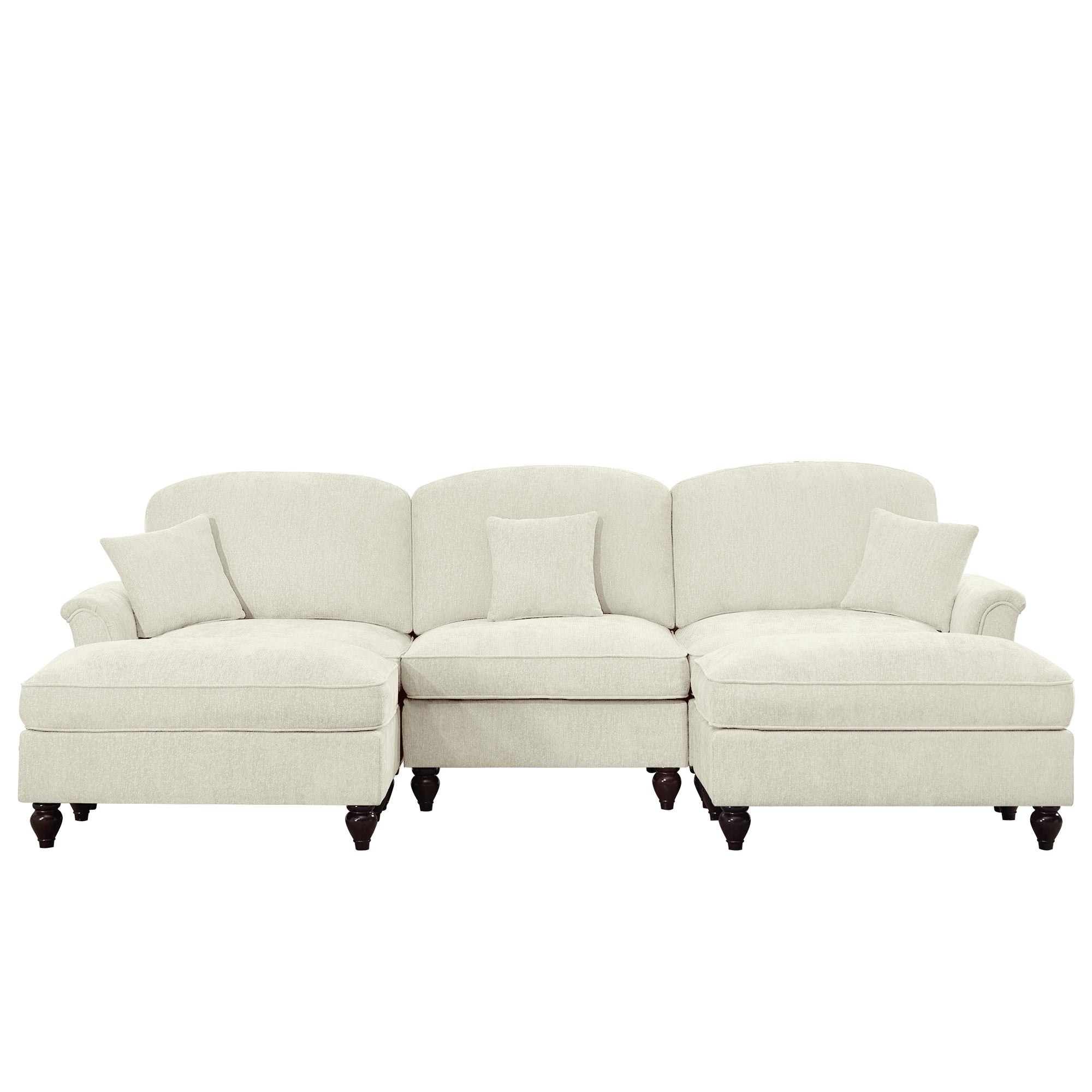 Classic Comfy Modular U Shape Sectional Sofa Couch with Flared Arms and Removable Ruffles Pleats Skirts and Spindle Legs, Upholstered Chenille Deep Seat Cloud Sofa with Movable Ottomans, Beige White