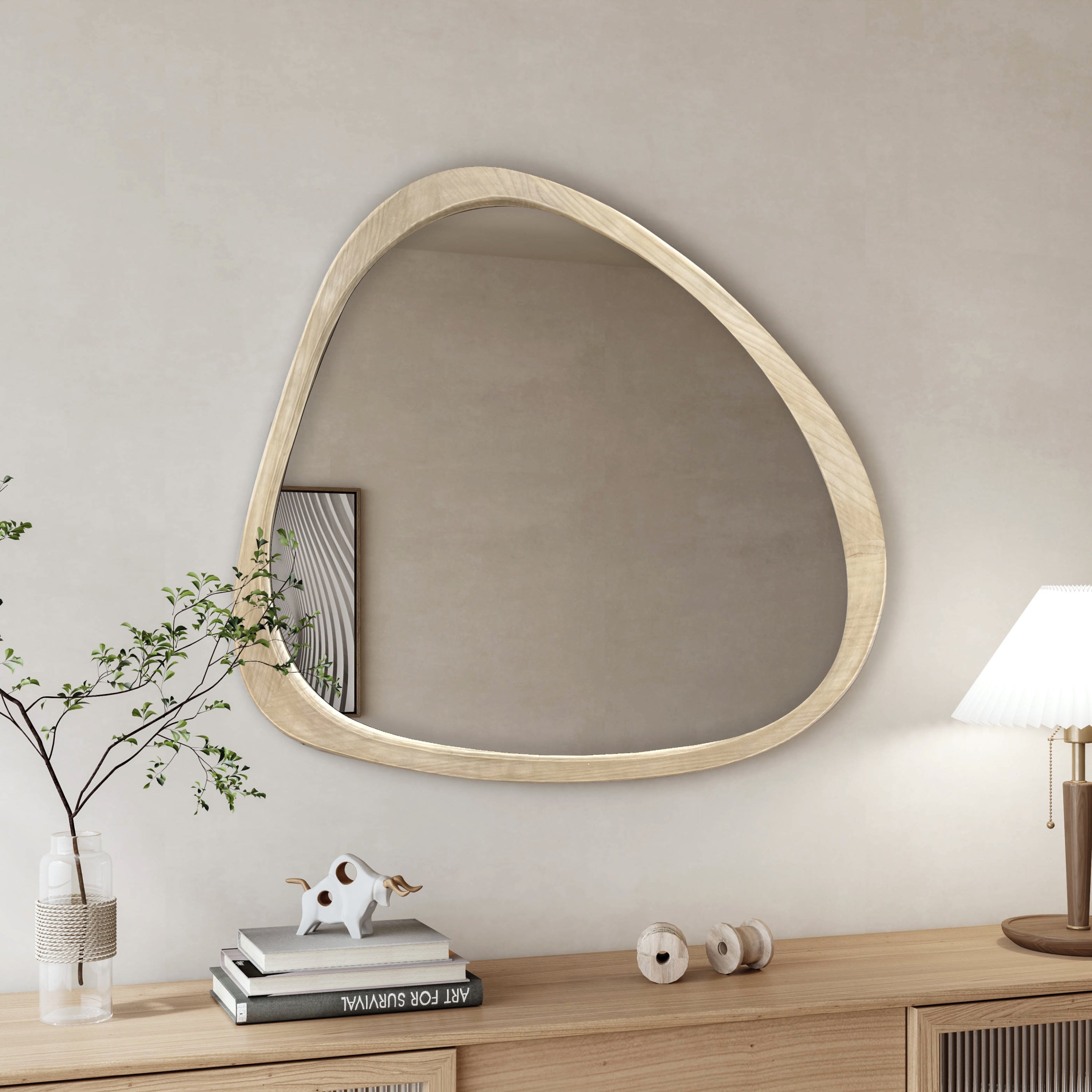 Solid Wood Mirror 45 Inch Asymmetrical Wall Mirror Wooden Framed Mirror Large Sized Dressing Mirror, for Living Room, Bedroom, Bathroom, Hallway or Entry Way, Natural Wood Washed
