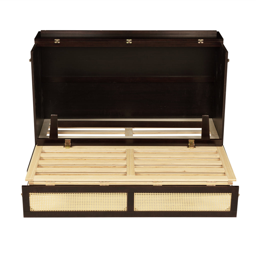Queen Size Murphy Bed, Pine Wood Cabinet Bed with Rattan Decoration and Storage Drawer,Espresso