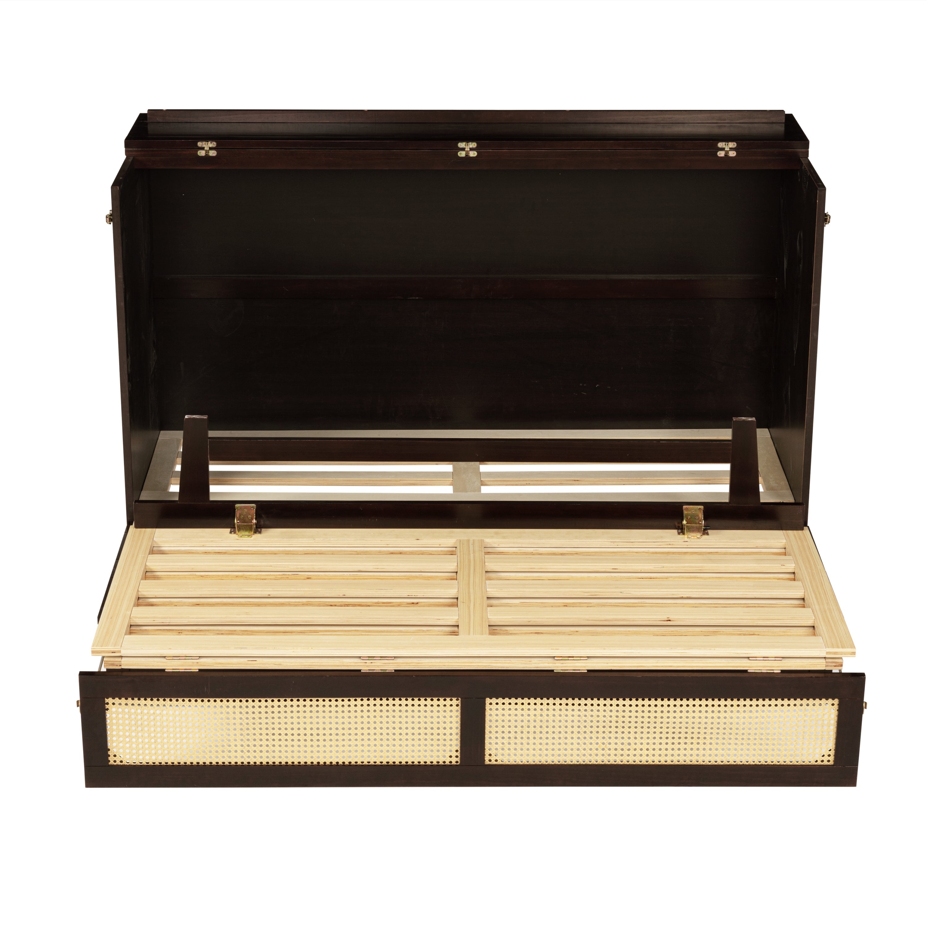 Queen Size Murphy Bed, Pine Wood Cabinet Bed with Rattan Decoration and Storage Drawer,Espresso