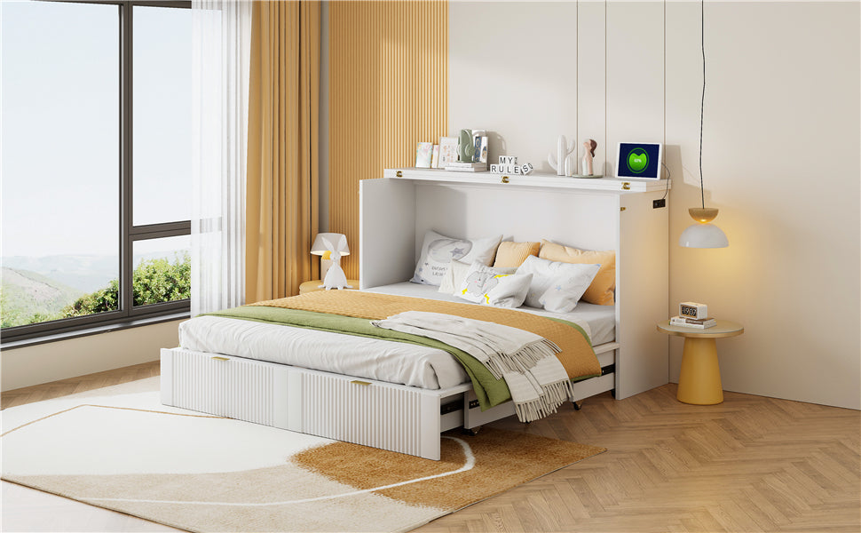 Queen Size Murphy  Bed with drawer and a set of Sockets & USB Ports, Pulley Structure Design, White
