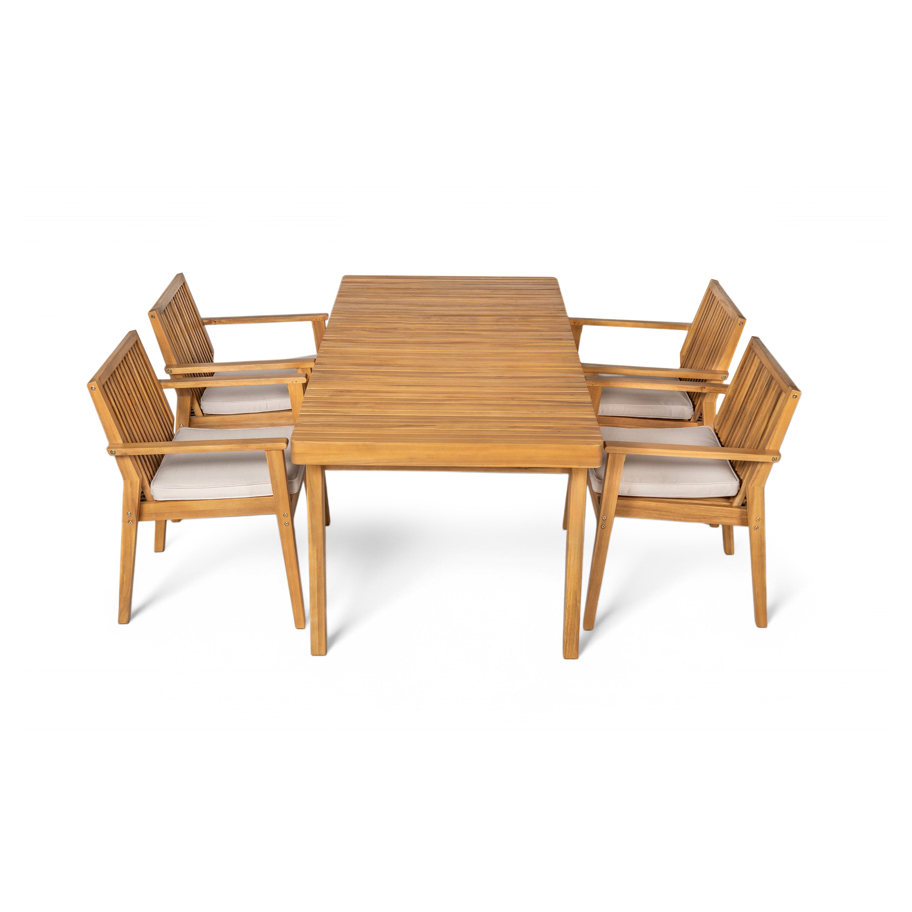 Durable 5 - Piece Patio Furniture Set Acacia Wood Table and 4 Heavy-Duty Cushioned Chairs, Natural