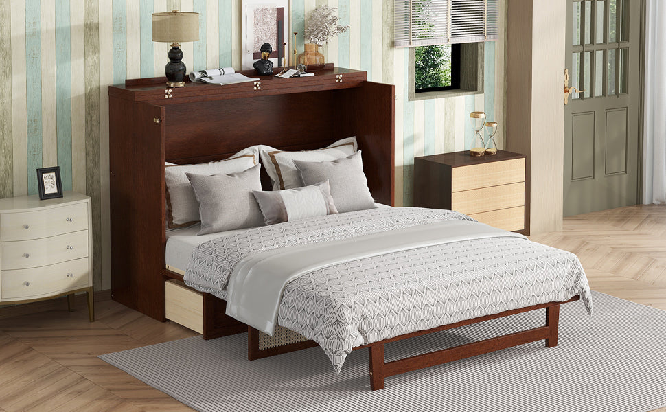 Queen Size Murphy Bed, Pine Wood Cabinet Bed with Rattan Decoration and Storage Drawer,Walnut