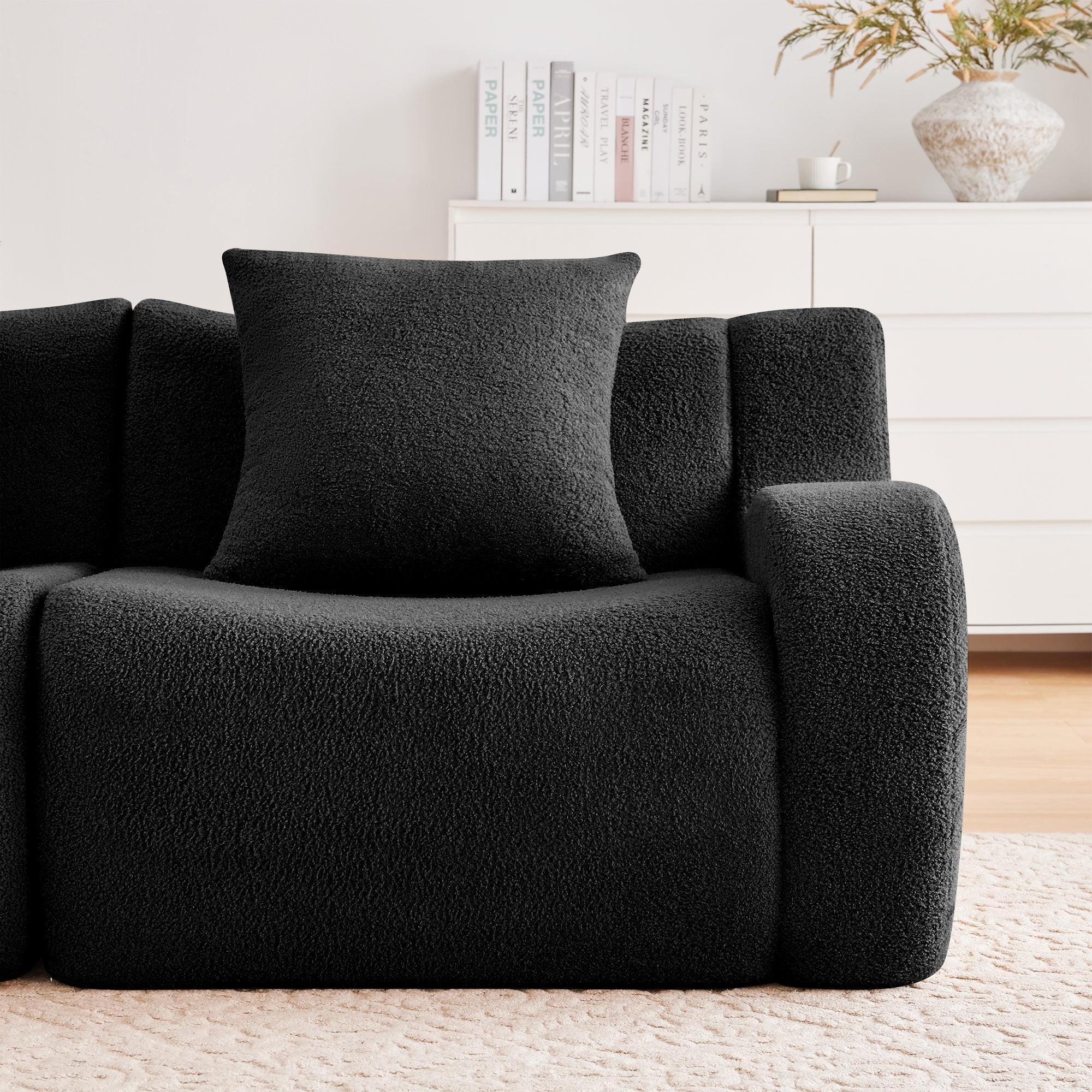 U-Shaped Boneless Sofa,Teddy Fabric No assembly required Curved armrest,Anti-slip Design,Streamlined Design 32D High Density Sponge,Full Compression Vacuum Packag,For Studies living Rooms,Black