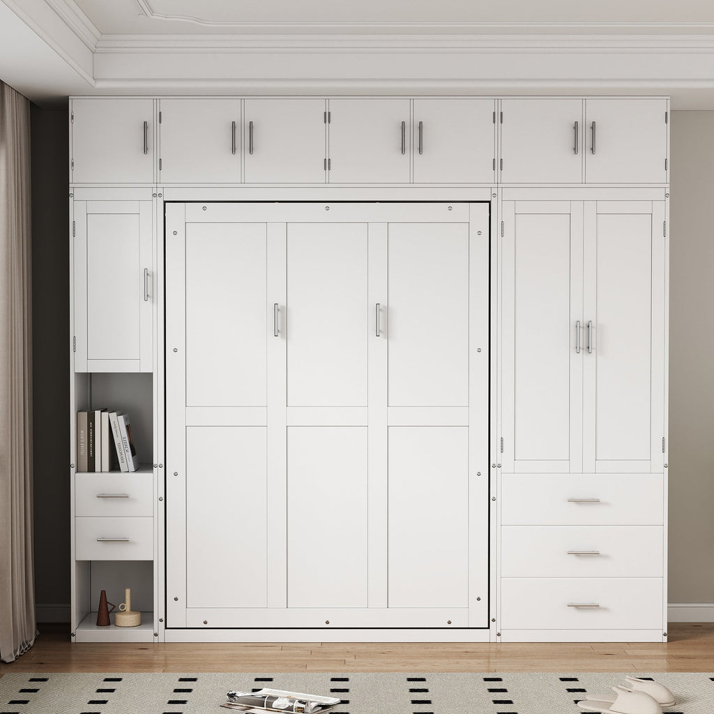 White Full Size Murphy Bed with Lockers and Wardrobes, MDF+Pine, 108.4''L x 15.7''W x 99''H