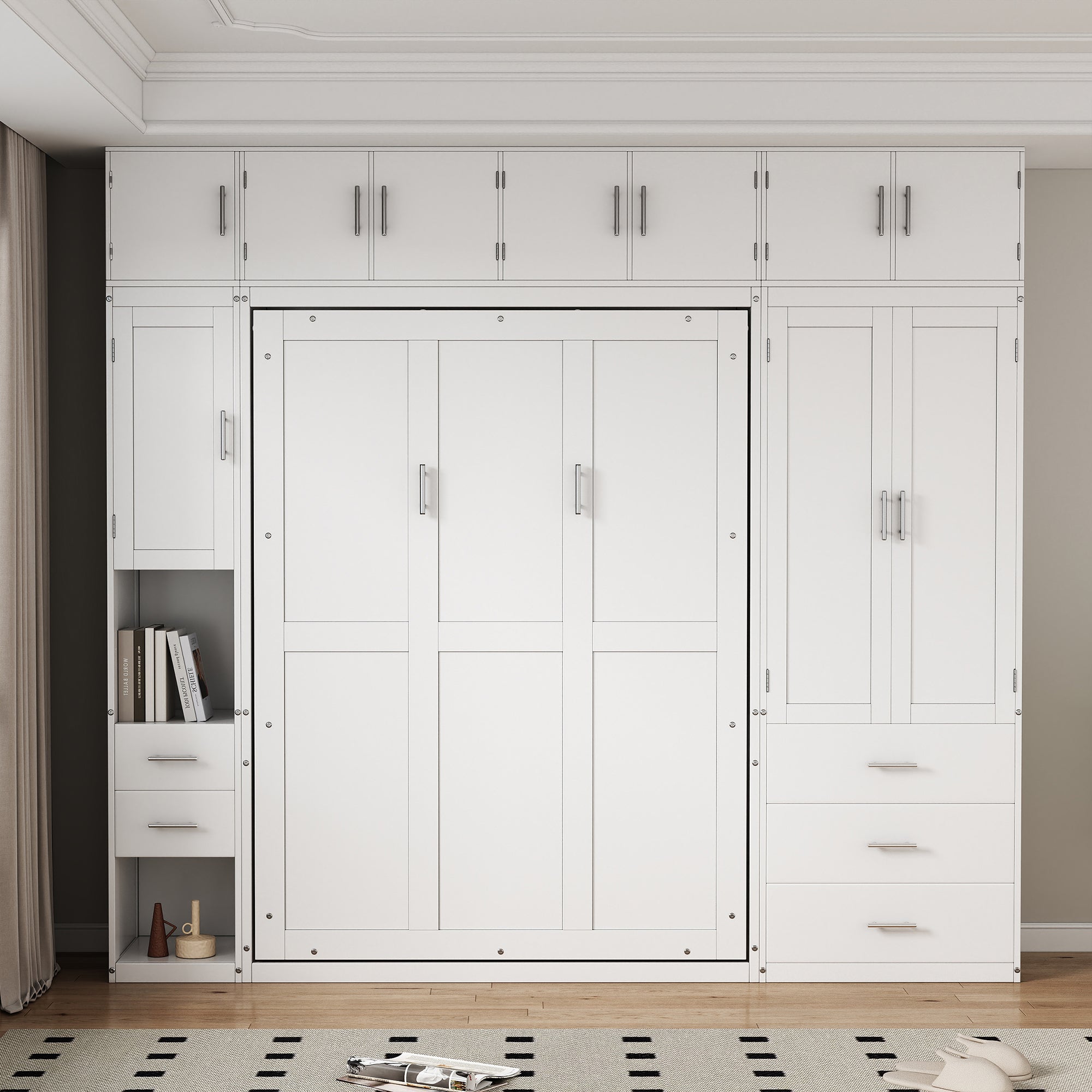White Full Size Murphy Bed with Lockers and Wardrobes, MDF+Pine, 108.4''L x 15.7''W x 99''H