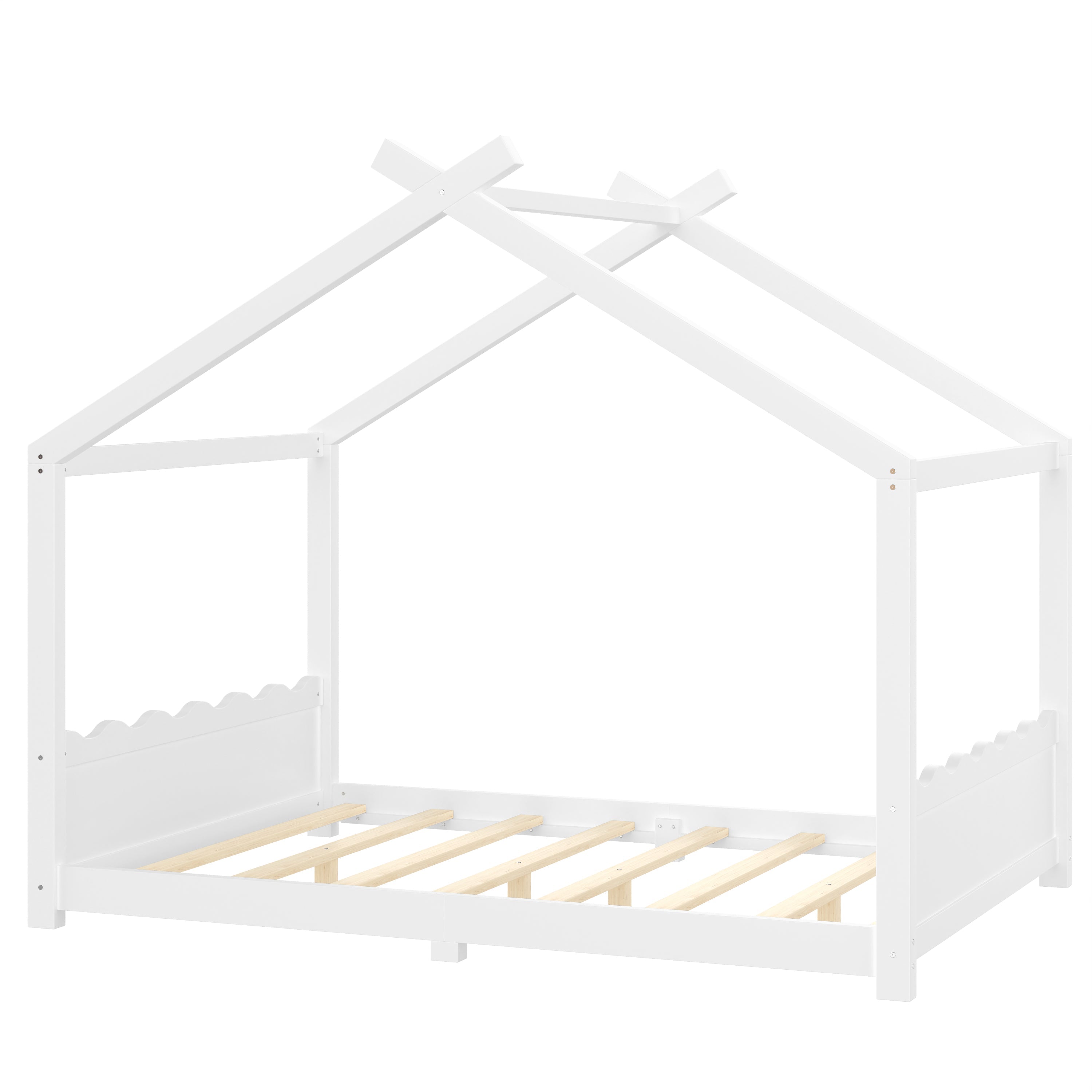 Full House Floor Bed with Support Slats, Solid Wood House Bed Frame for Kids, No Box Spring Needed and Opening Constructure, White
