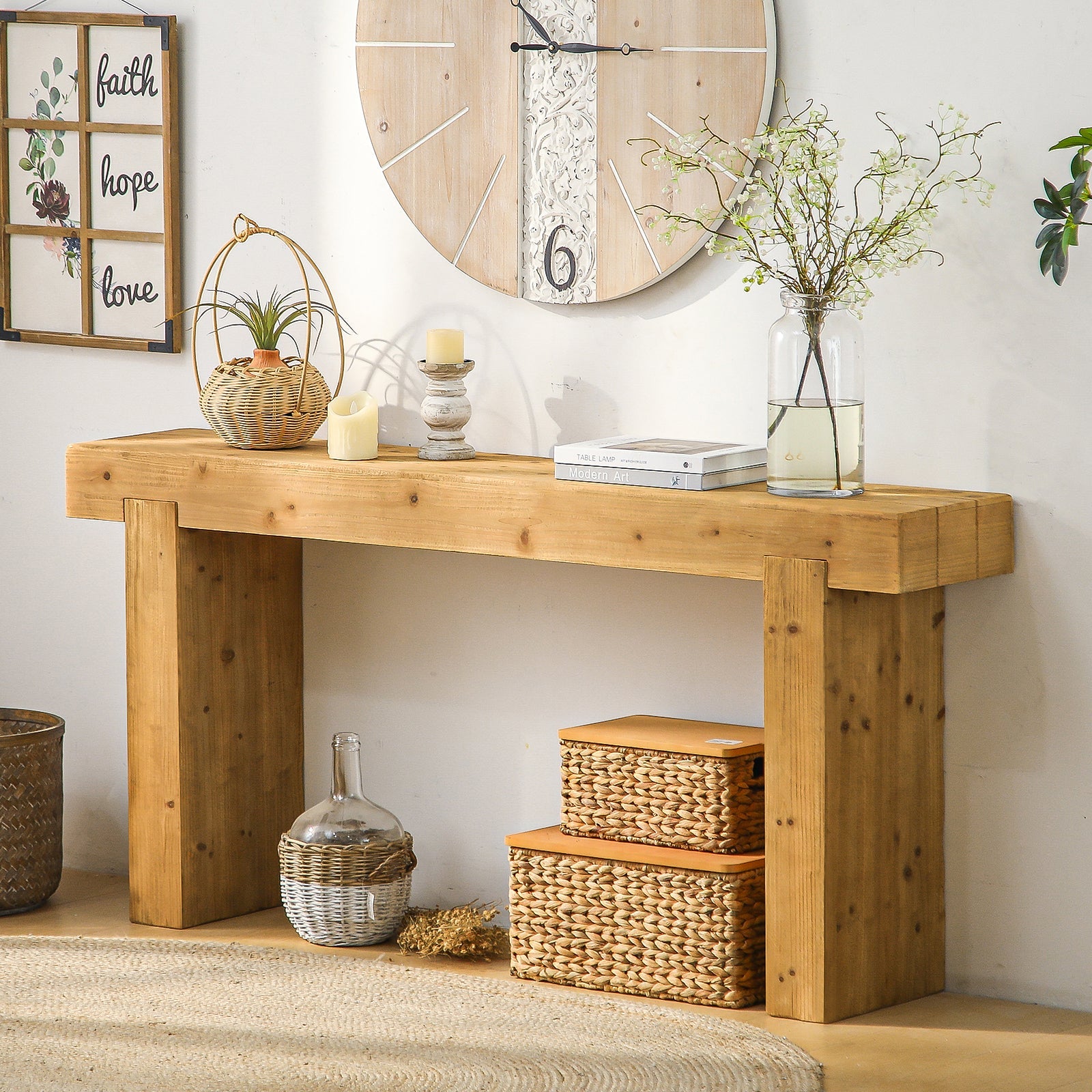 63' Solid Wood Console Table – Rustic Farmhouse Sofa Table for Entryway, Hallway, or Behind Couch, Narrow Rectangular Design