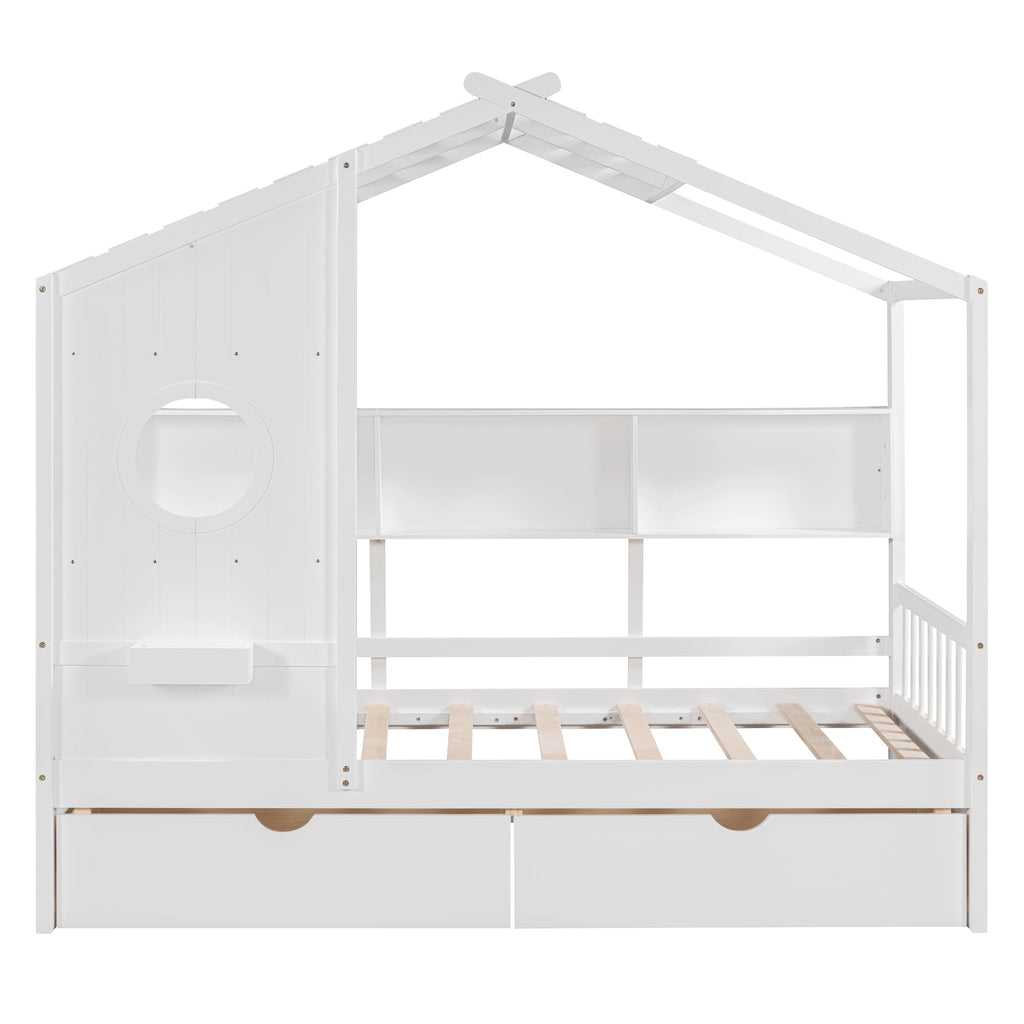 Wooden Twin Size House Bed with 2 Drawers,Kids Bed with Storage Shelf, White(Old SKU: HL000051AAK)