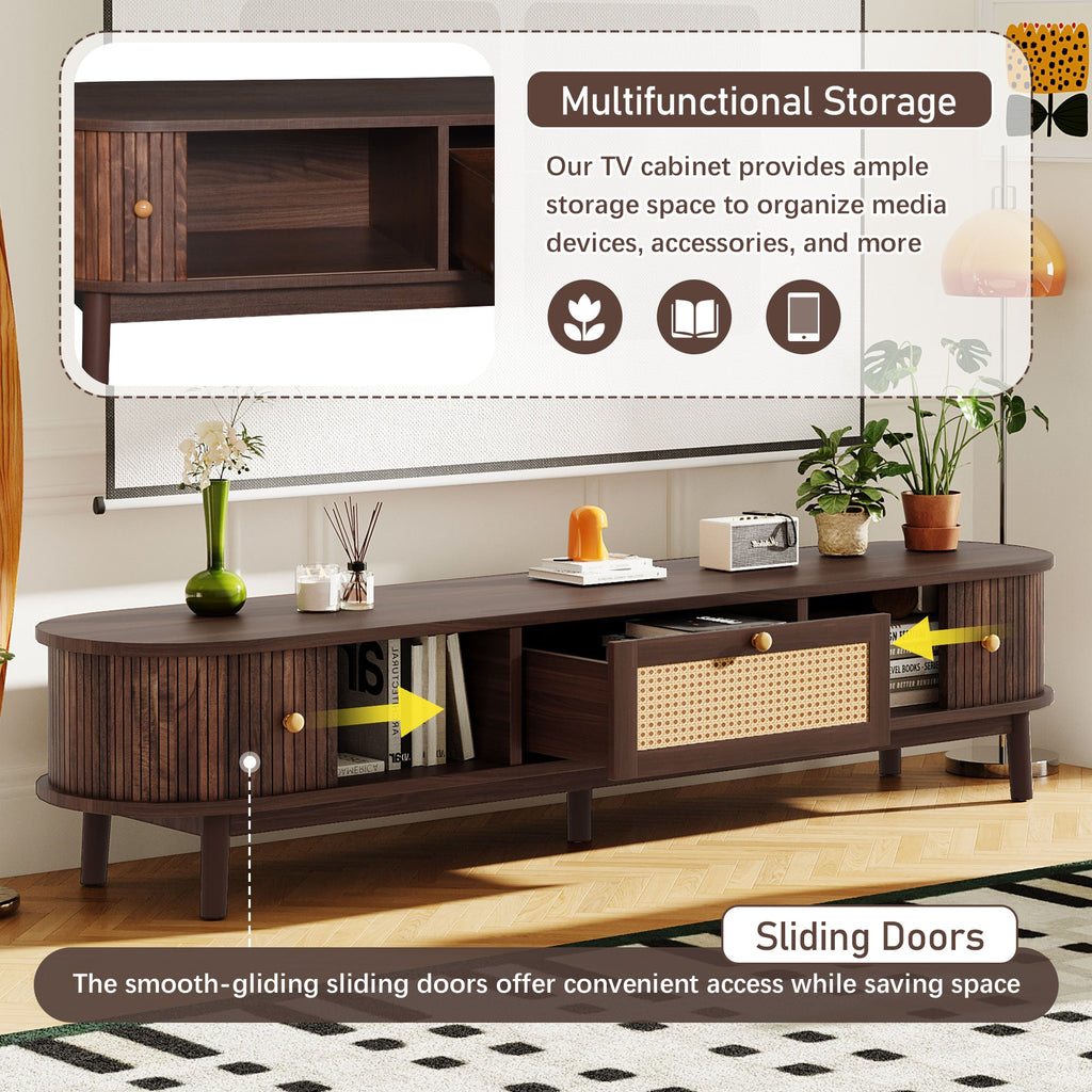 Modern Design TV Stand for 75' TVs, Media Console TV Cabinet with Rattan-Front Drawer for Living Room, 1 Drawer and 2 Sliding-Door Cabinets