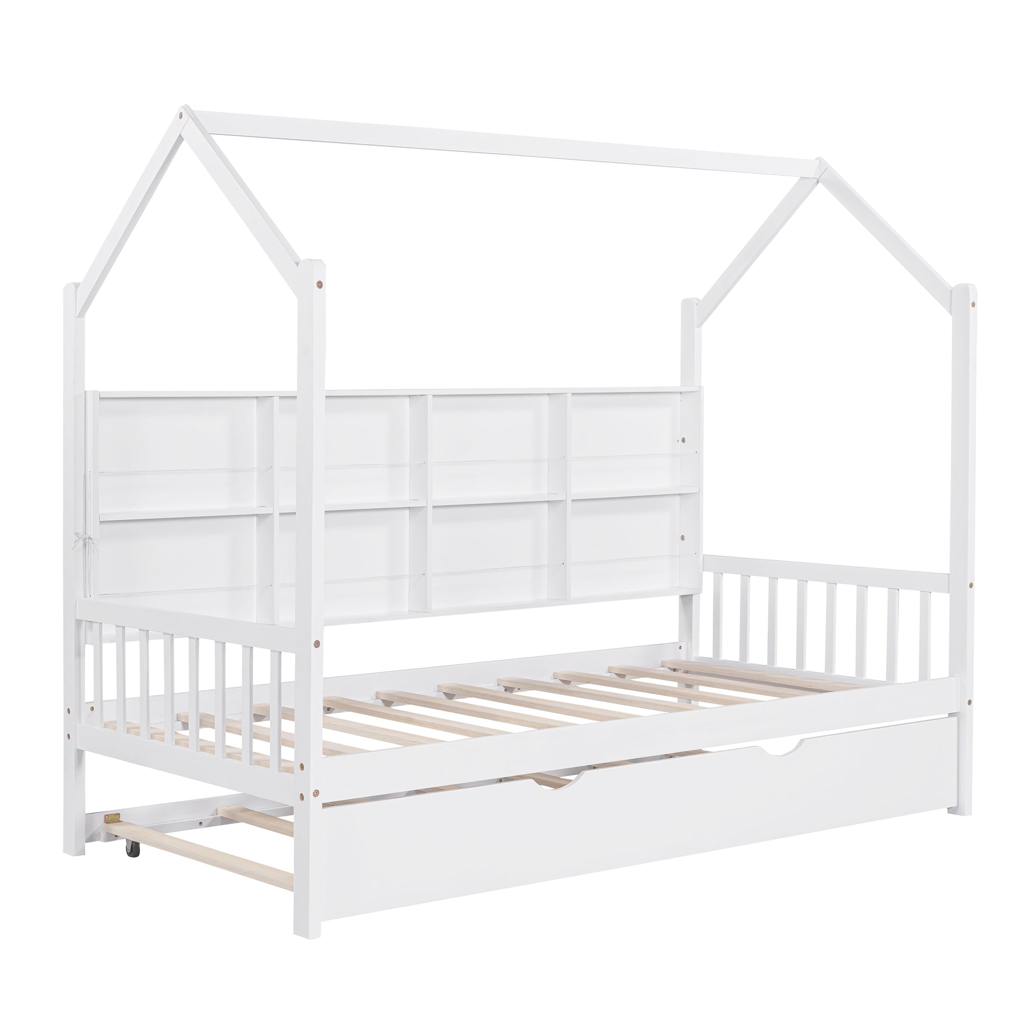 Wooden Twin Size House Bed with Trundle,Kids Bed with Shelf, White (Old SKU: WF297071AAK)