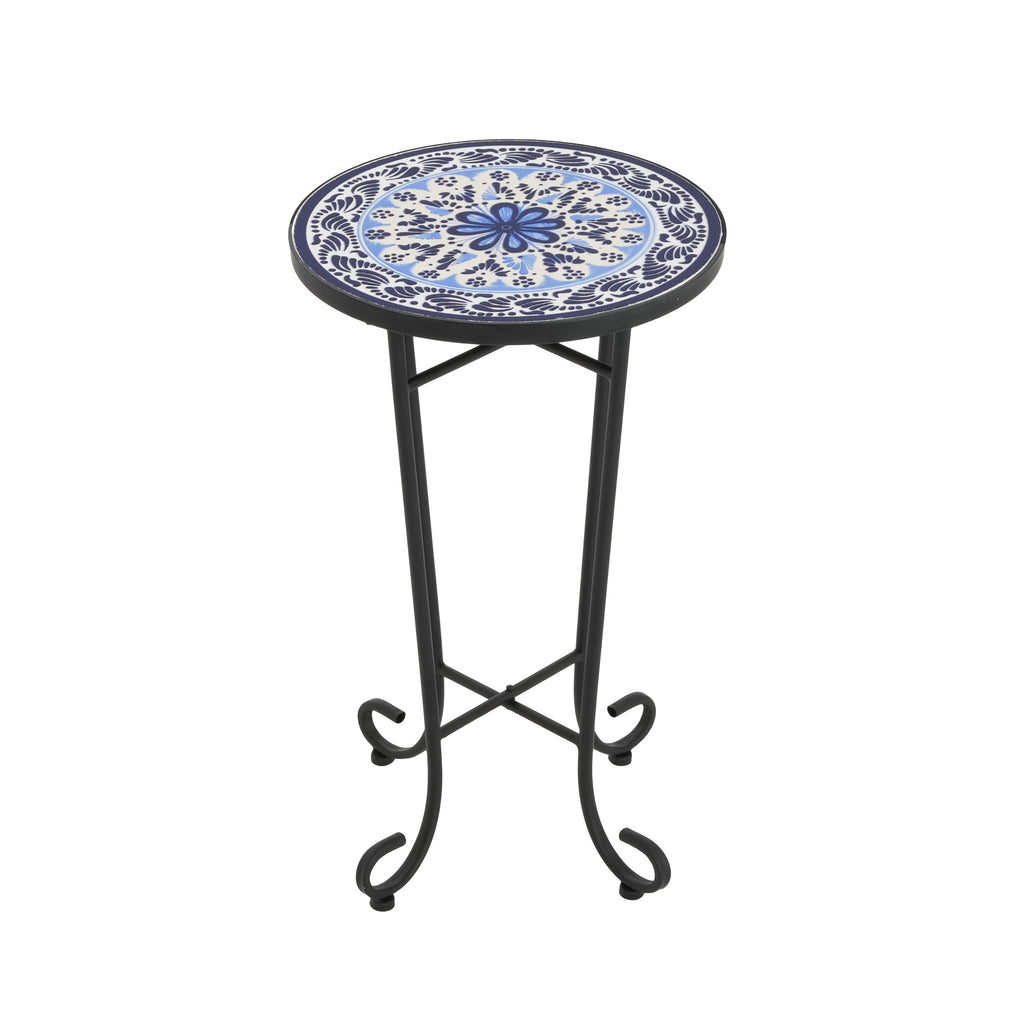 French Country Patio Side Table with Vibrant Tile Top, Blue and Black, Ceramic Tile and Iron, 14x14x23.25 Inches