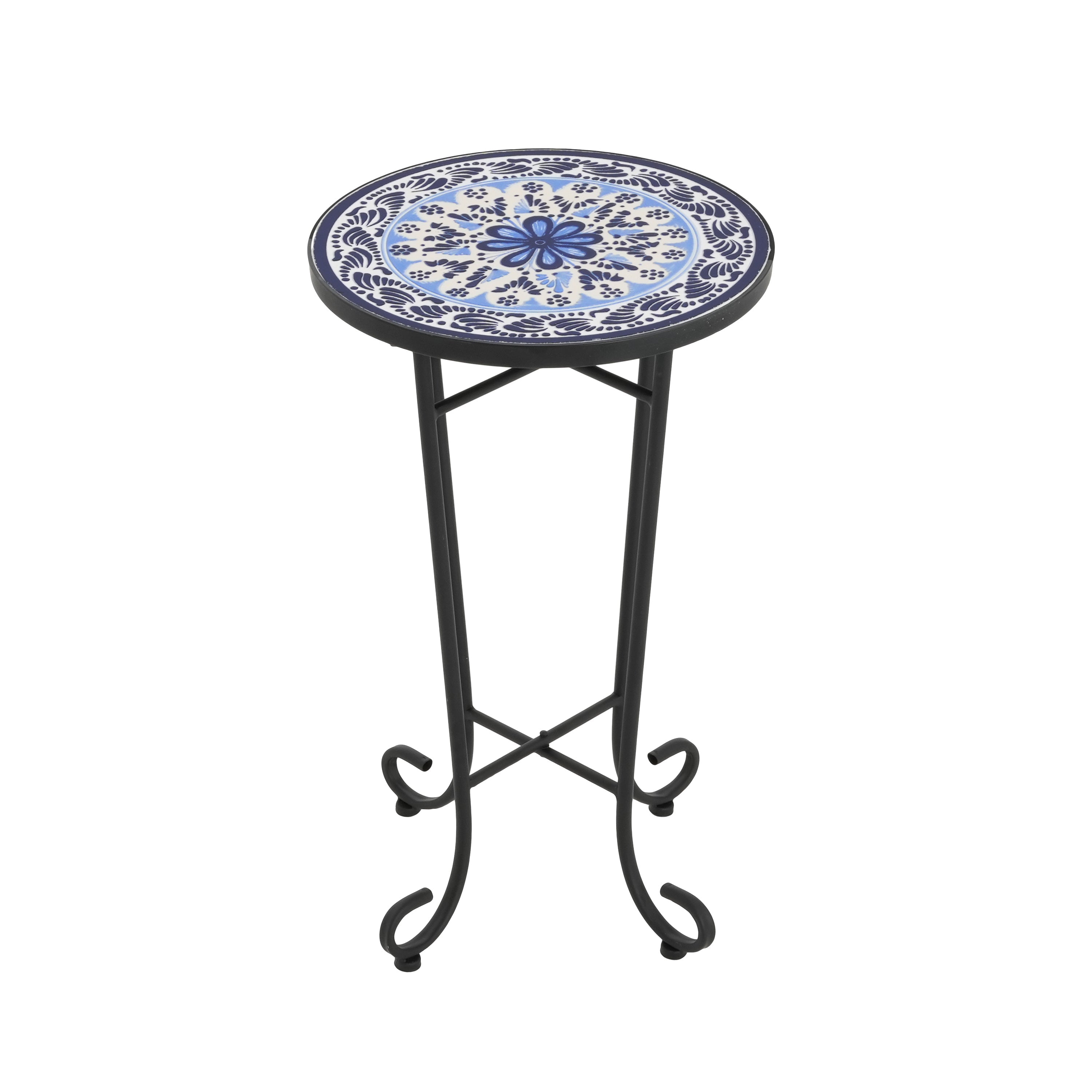 French Country Patio Side Table with Vibrant Tile Top, Blue and Black, Ceramic Tile and Iron, 14x14x23.25 Inches