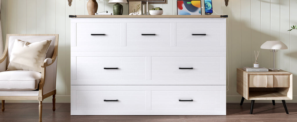 Murphy Bed Cabinet Queen Size with Charging Station, Multi-Functional Foldable Platform Bed with 1 Large Storage Drawer for Guest Room, Small Bedroom, White