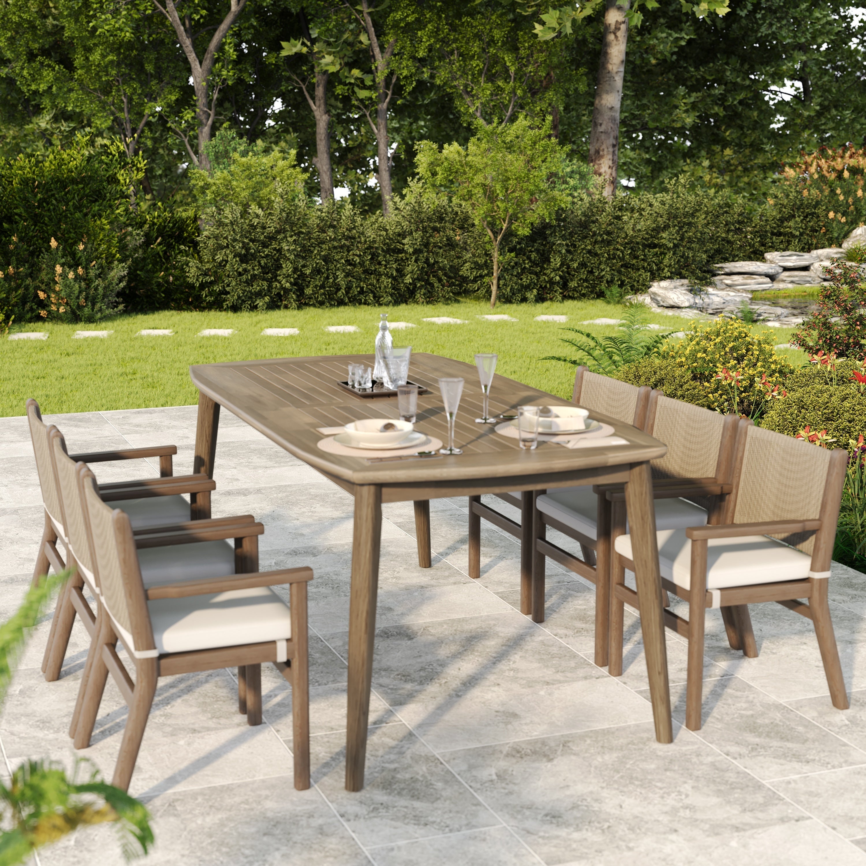 Acacia Wood Dining Table 8-Person Outdoor Table, Farmhouse Furniture for Patio, Garden, Backyard, Light Brown 180 LBS Weight Capacity 70.75'L