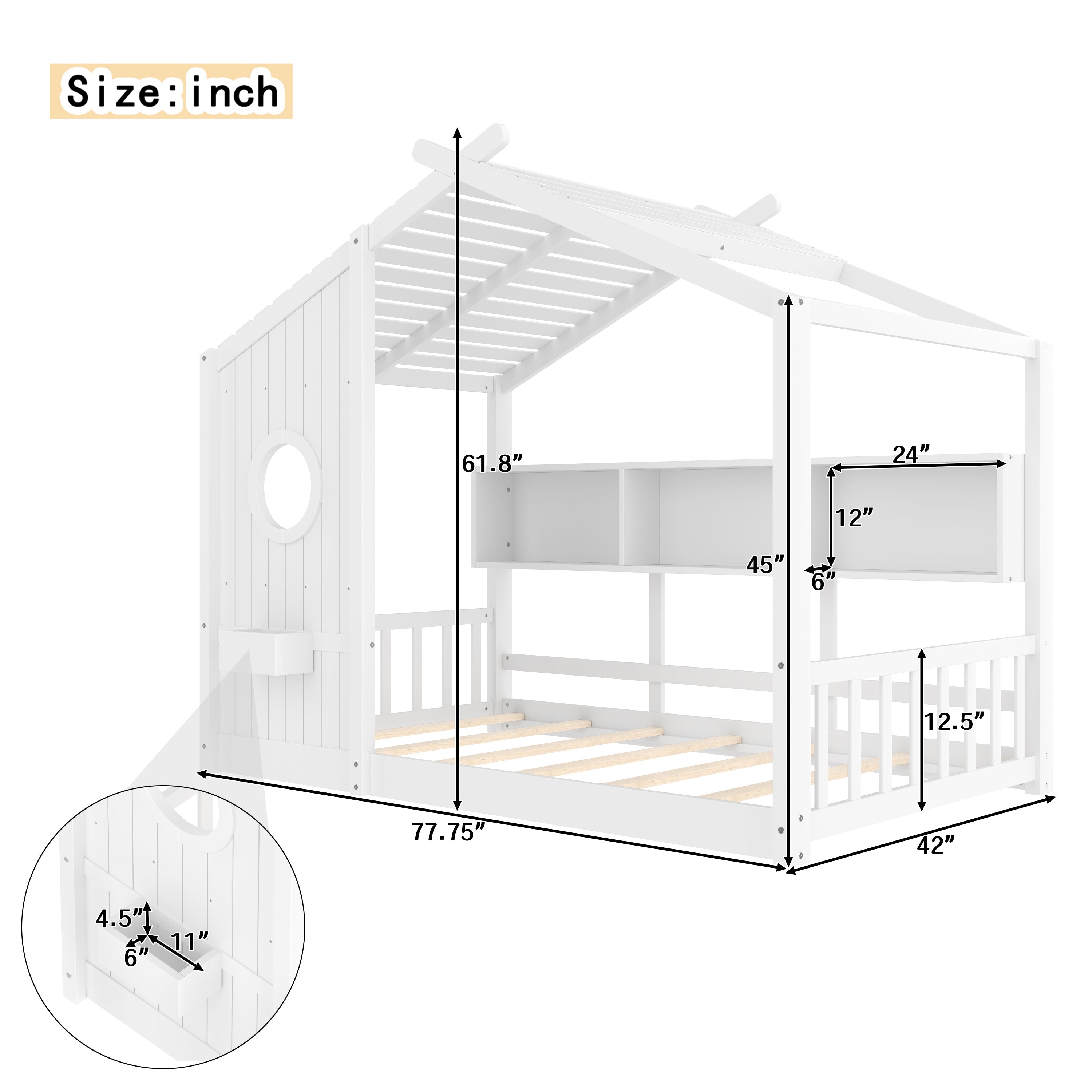Twin Size Floor House Bed for Toddler, Kids Montessori Bed  with Storage Shelf, Playhouse Bed with Roof Design, White