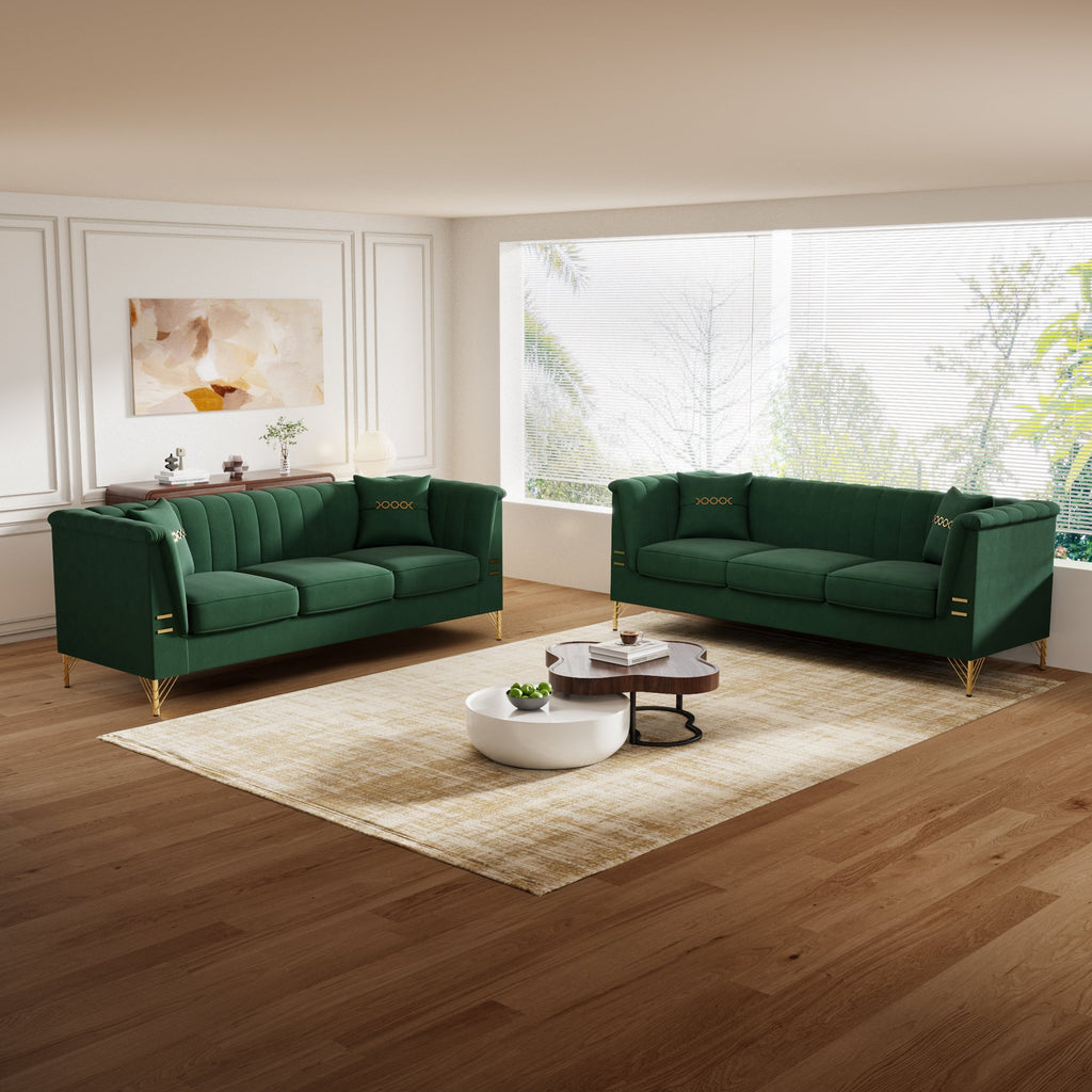 FX-P82-2PC SOFA -GR3  Green Velvet Sofa Set of 2, Two Modern 3-Seater Sofas with Plush Cushions & Gold-Tone Metal Legs  Stylish Living Room Couch Set for Homes, Apartments, and Guest Areas
