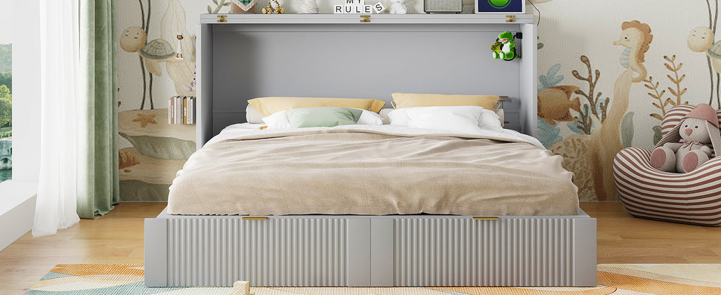 Queen Size Murphy  Bed with drawer and a set of Sockets & USB Ports, Pulley Structure Design, Gray