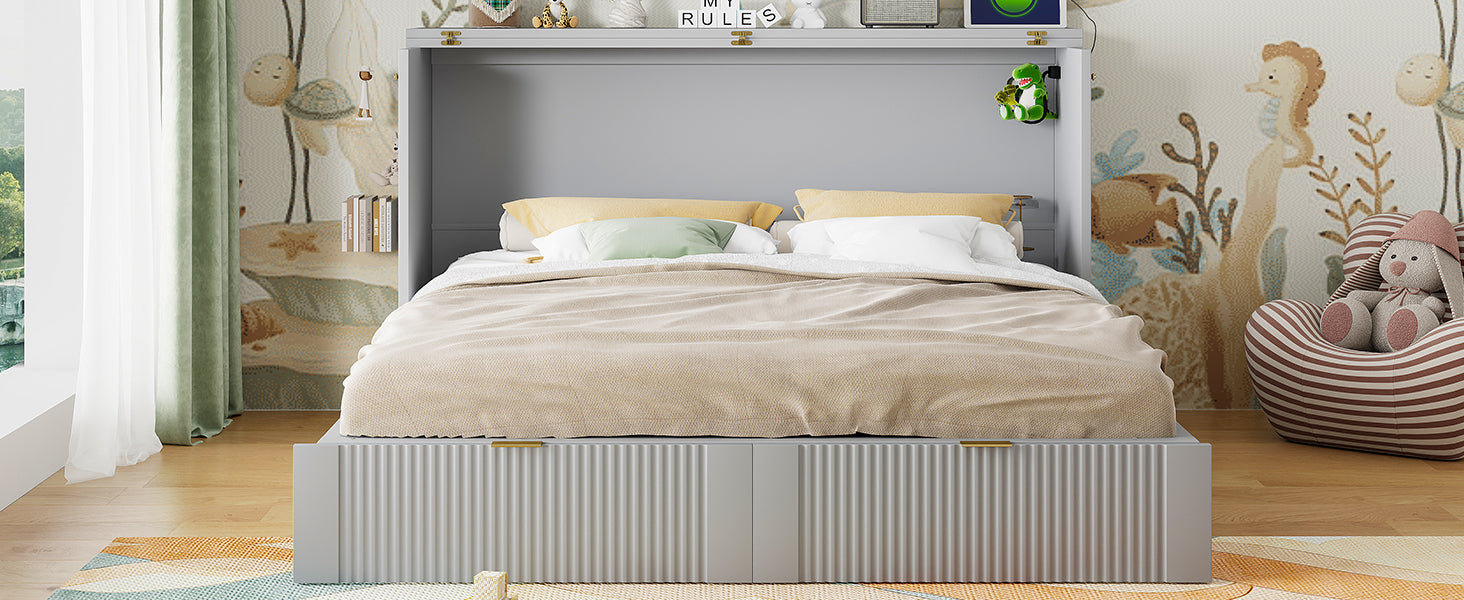 Queen Size Murphy  Bed with drawer and a set of Sockets & USB Ports, Pulley Structure Design, Gray