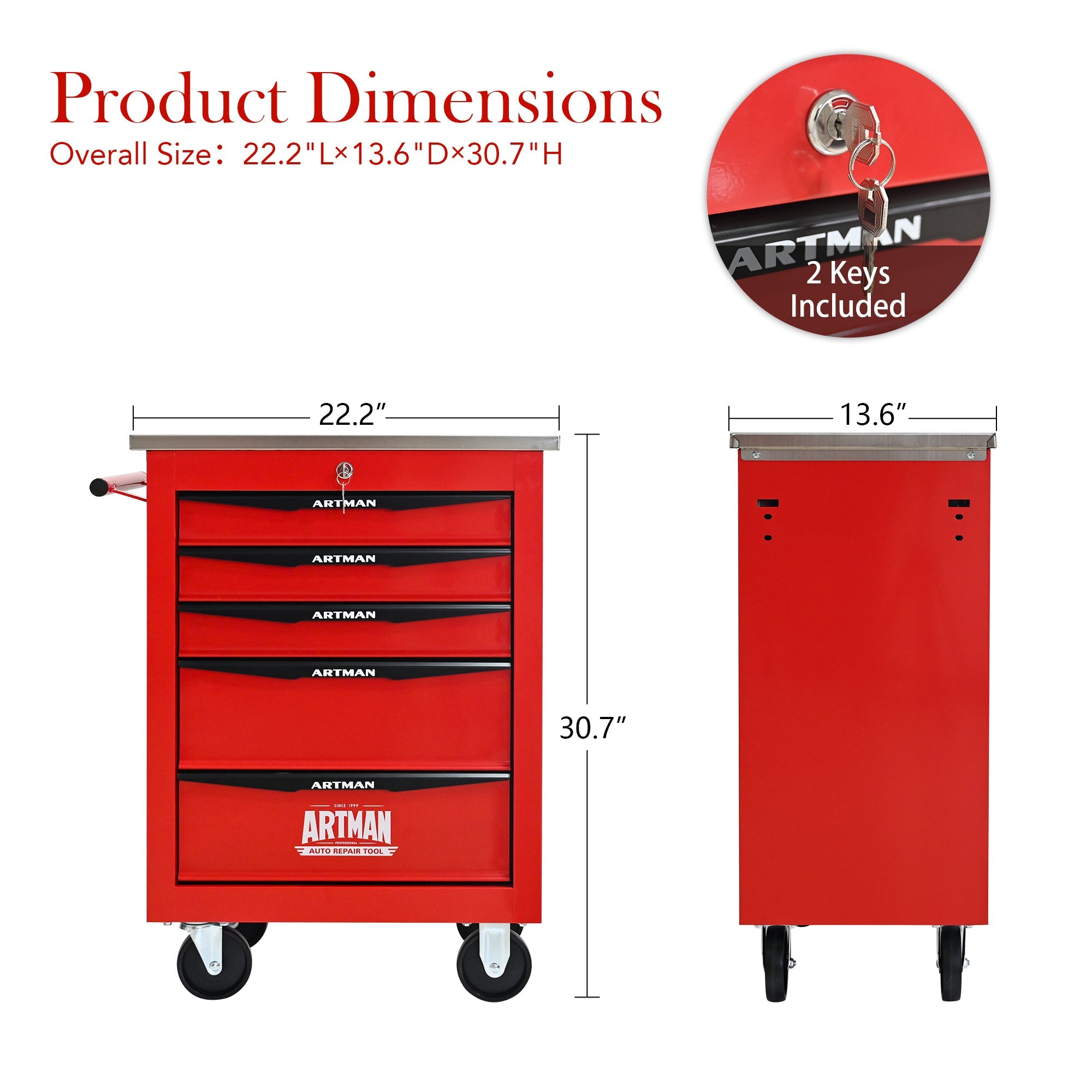 5 Drawers Multifunctional Tool Cart with Wheels,Metal Rolling Tool Cart Storage for Garage Workshop Warehouse Repair Shop--With Stainless Steel Roof--Red&Black