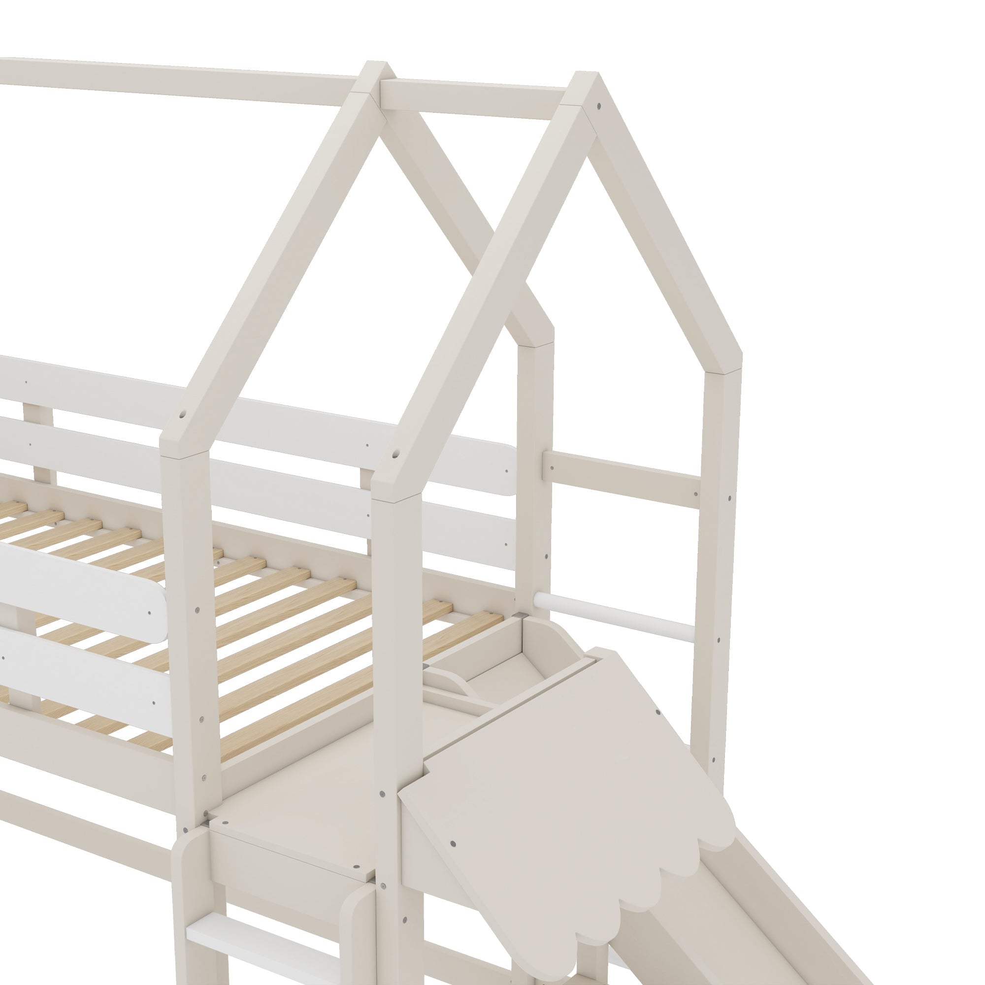 Twin Size Loft Bed with Bookshelf Playful Design for Kids House-Shaped Structure with Slide High-Quality Safety Rails,Beige