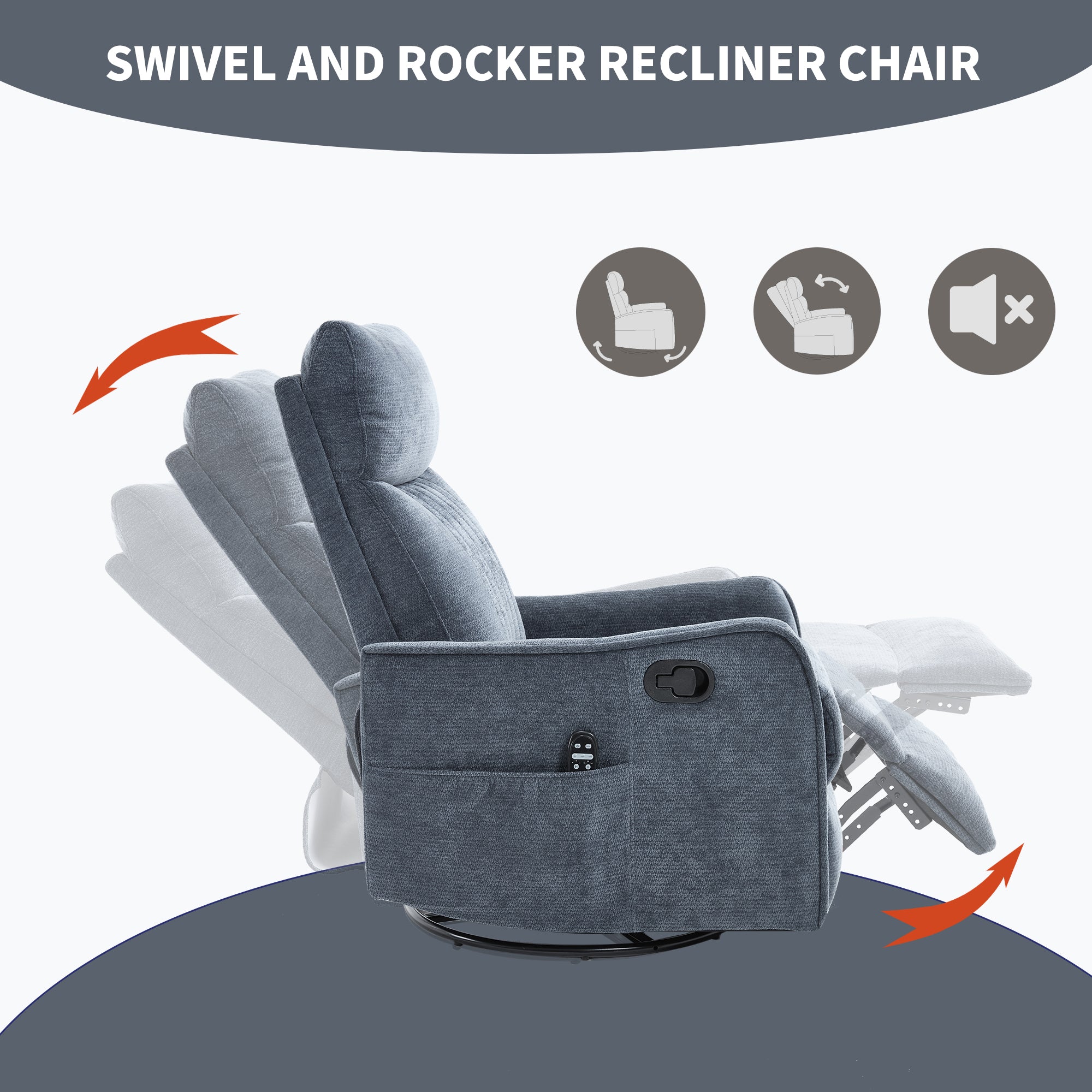 Blue Heat Massage Manual Recliner Chair with Rocker and Swivel in Fabric for Living Room