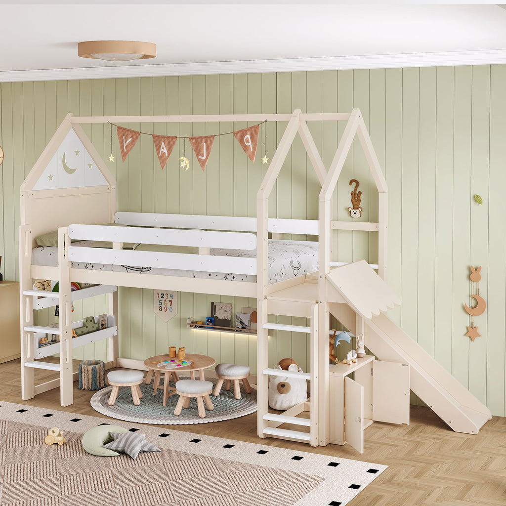 Twin Size Loft Bed with Bookshelf Playful Design for Kids House-Shaped Structure with Slide High-Quality Safety Rails,Beige