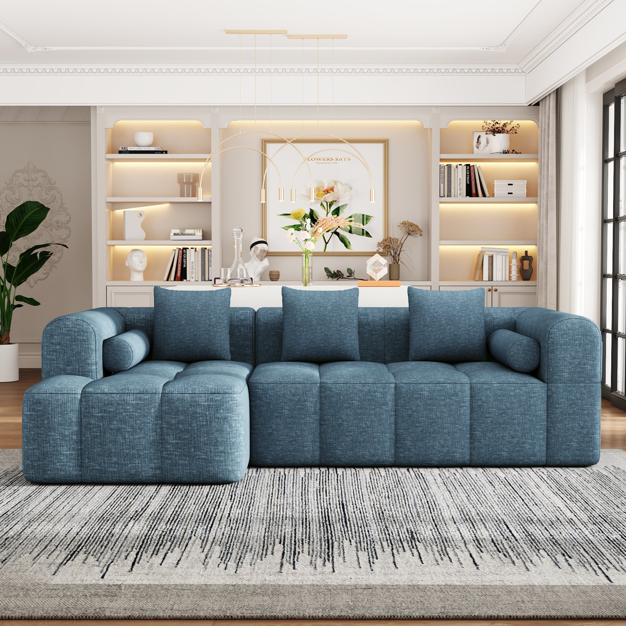 Modern Modular Sofa with Deep Seating, Two Side Pockets, and Plush Pillows in Blue Chenille Fabric, 101.2'
