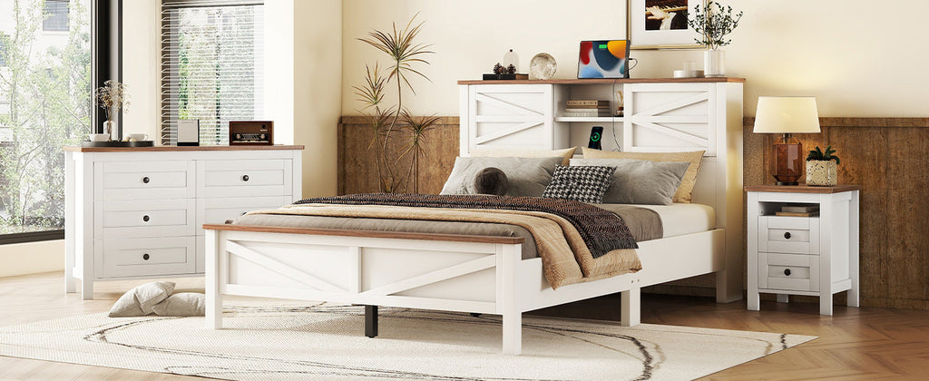 3-Pieces Bedroom Sets Queen Size  Farmhouse Platform Bed with Double Sliding Door Storage Headboard, Storage Nightstand and Dresser, White+Brown(Old SKU HL000092AAK)
