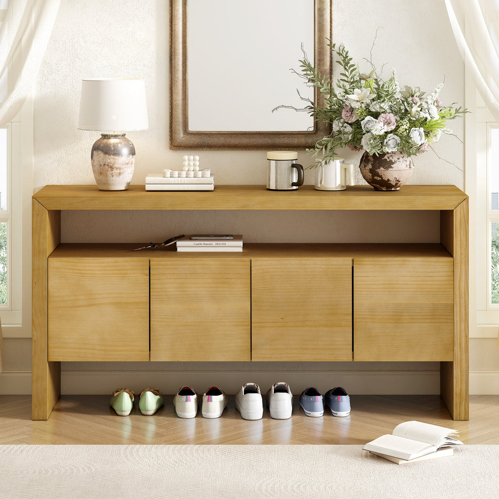 U_Style 60' 4-Door Sideboard, Modern Minimalist Solid Wood Veneer Sideboard with Open Shelf, Natural Wood Grain, Large Capacity Storage Console for Living Room, Hallway, Dining (Black/Natural)