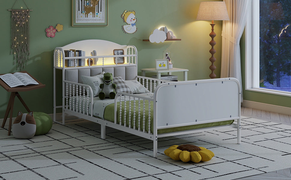 Twin Size Metal Platform Bed Frame with Light, Kids Twin Metal Bed with Upholstered and Storage Headboard, White (Expect Arrival Date 2025/10/5)